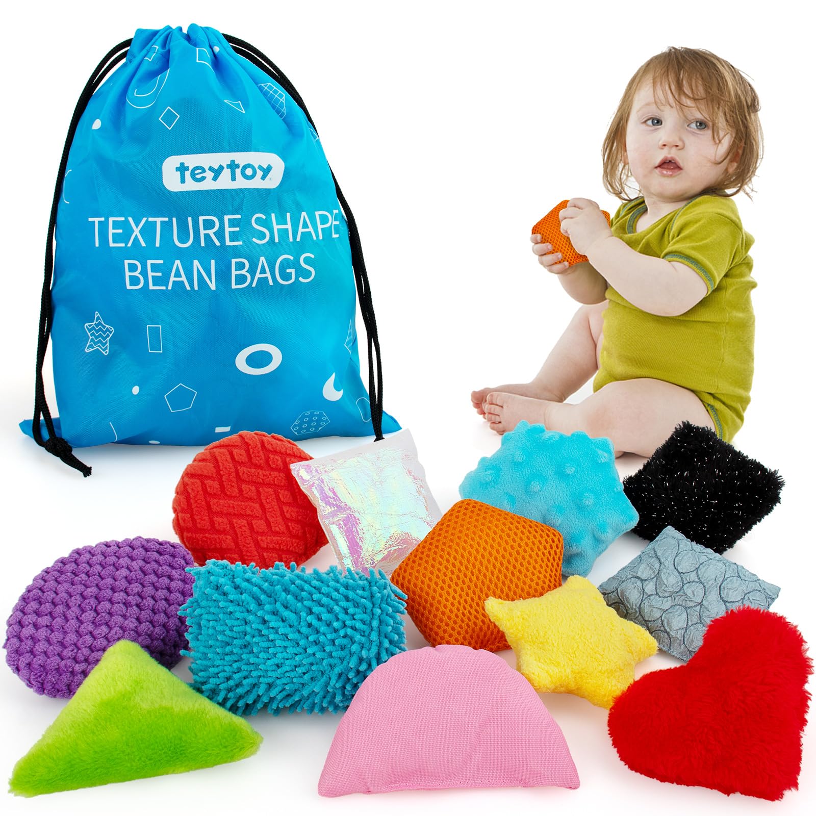 Teytoy 12-Piece Texture Sensory Bean Bags Toys for Autism - Fidget Sensory Shapes with Storage Bag - Fine Motor Skills Development Toys for Special Needs Babies & Toddlers - Perfect for Sensory Play Therapy and Early Childhood Development at Home or Classroom