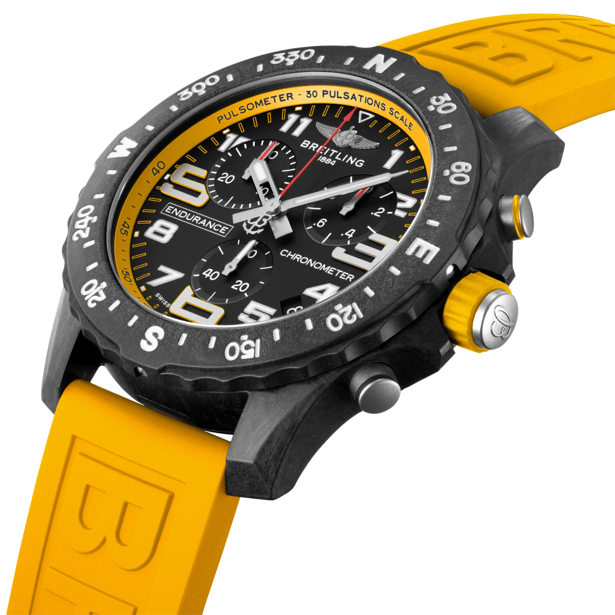Breitling Endurance Pro 44mm Black Watch with Yellow Rubber Strap - Durable Sports Watch for Running, Cycling & Outdoor Activities