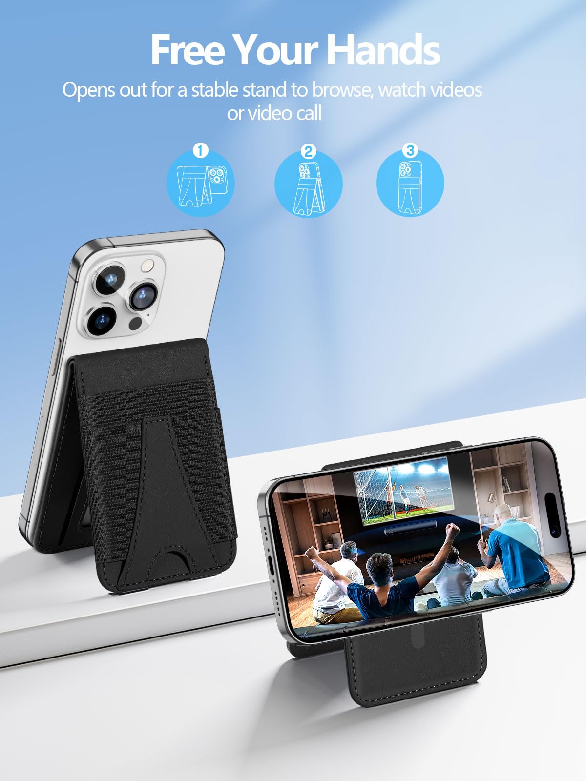 Miroddi Magnetic Phone Wallet Stand for iPhone 16/16 Pro/15/14/13/12 Series - Adjustable Stand with ID Window & RFID Blocking - Holds 10 Cards (Black) - Perfect for Travel, Work & Everyday Use