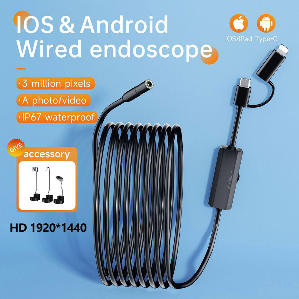 2-in-1 USB C & Lightning Endoscope Camera - 16.4ft Hard Wired Borescope for iPhone 15/Android/iOS - Waterproof Inspection Camera for Plumbing, HVAC, Automotive & Home Maintenance