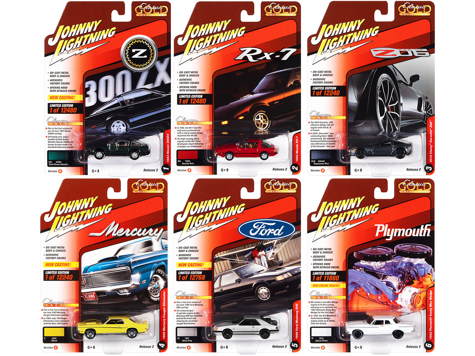 Johnny Lightning 1/64 Diecast Model Cars - Classic Gold Collection 2022 Set B (6 Cars) - Perfect for Collectors, Display & Racing Scenes