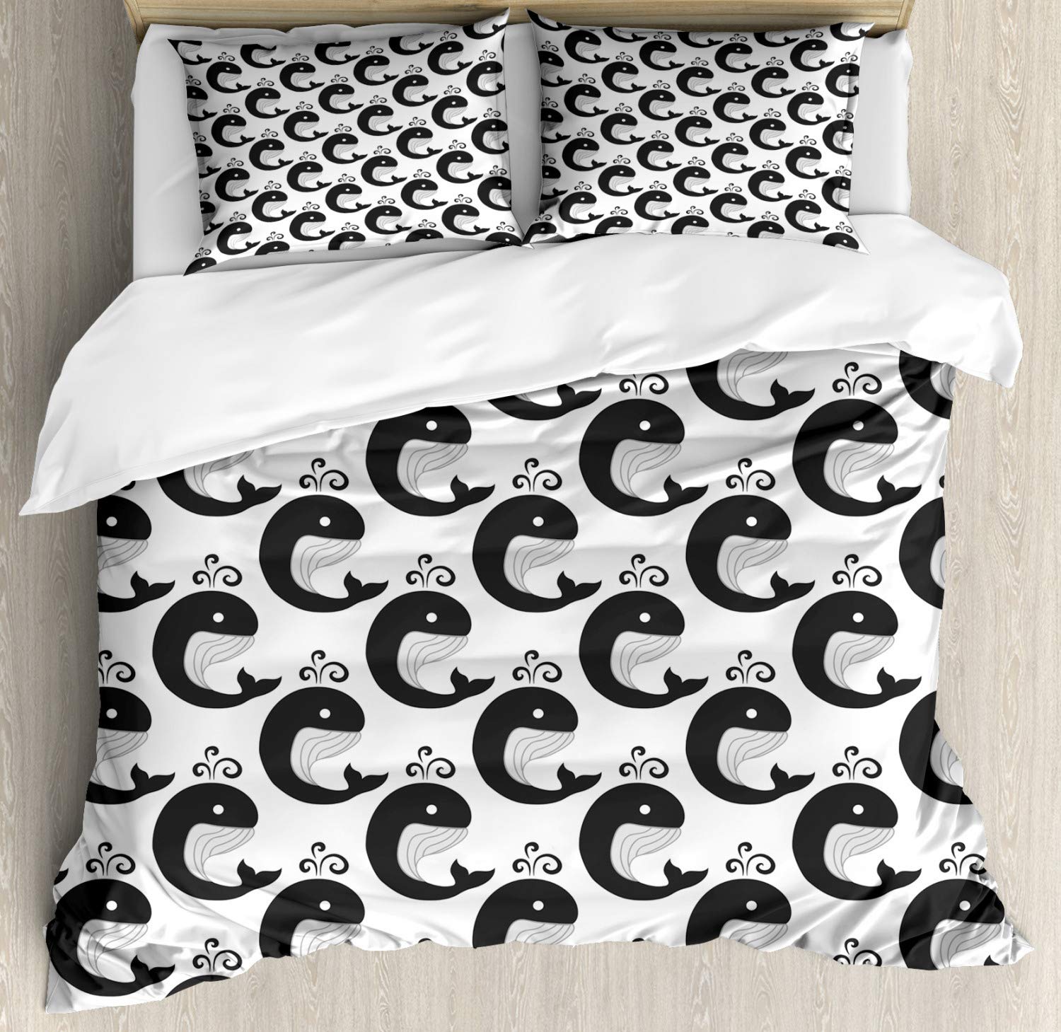Ambesonne Whales Duvet Cover Set - King Size 3 Piece Bedding with 2 Pillow Shams, Symmetric Underwater Animal Print in White & Dark Grey | Ocean Theme Kids Room Decor, Coastal Bedroom Design, Nautical Nursery Style