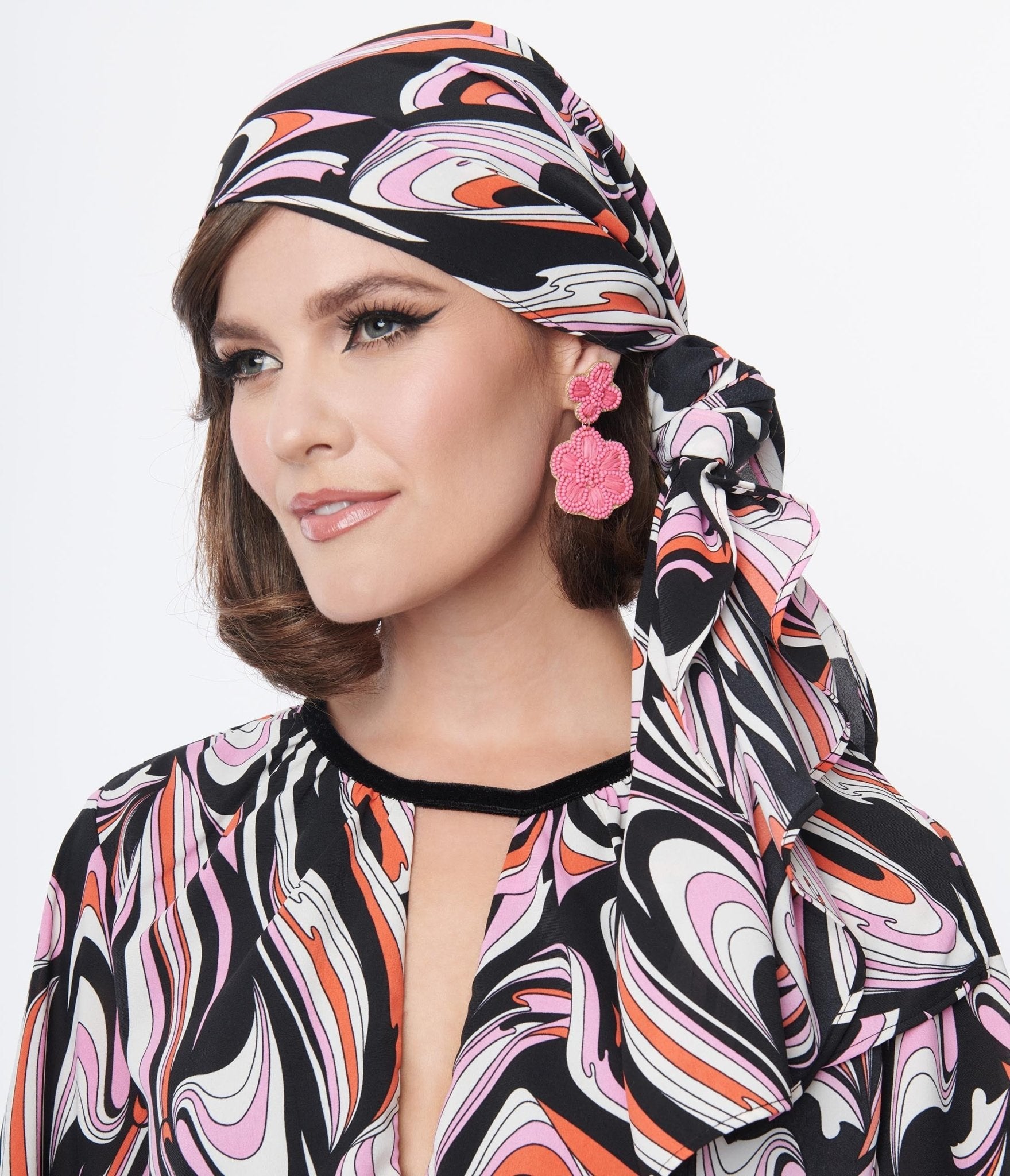 Smak Parlour Black & Pink Psychedelic Print Long Hair Scarf - Stylish Boho Head Wrap for Women, Perfect for Music Festivals & Beach Outfits