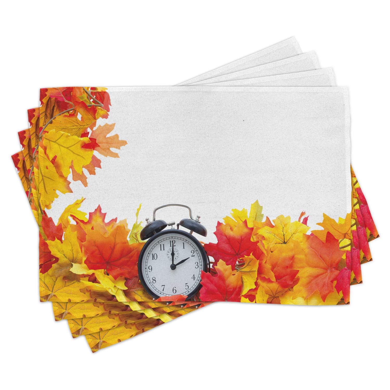 Ambesonne 4-Piece Clock Place Mats Set - Autumn Leaves & Alarm Clock Fall Theme, Washable Fabric Dining Table Mats for Kitchen & Dining Room Decor - White & Orange - Perfect for Thanksgiving, Halloween, and Cozy Autumn Gatherings