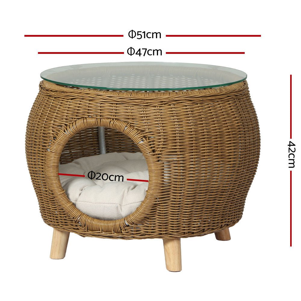 Stylish Wicker & Aluminum Coffee Side Table with Pet Bed Storage - Perfect for Living Room, Patio, and Outdoor Spaces