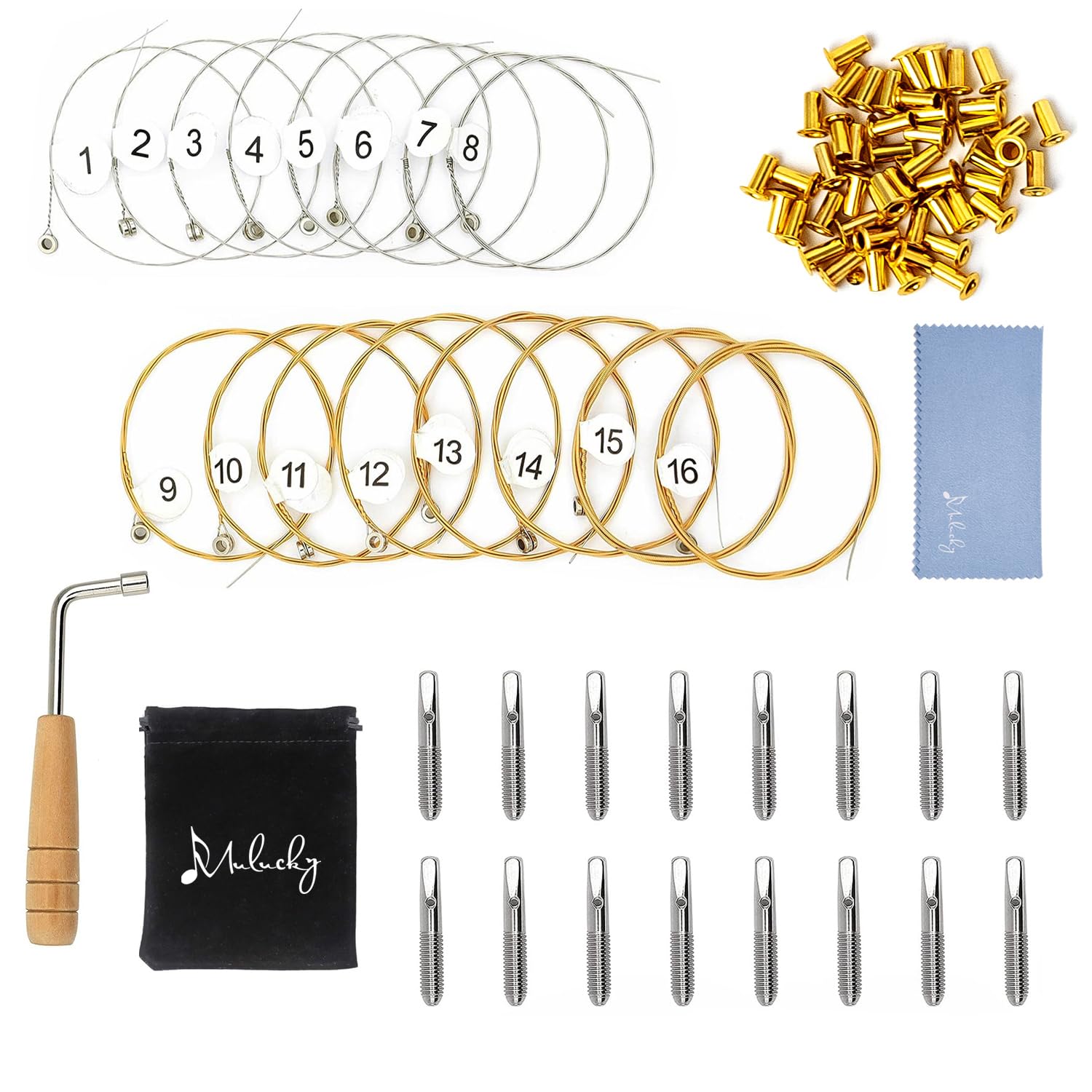 Mulucky 16-Piece Lyre Harp String Set - Metal Replacement Strings with L-Shape Tuning Wrench for Lyre Harp, Zither, Harpsichord | Perfect for Musicians, Beginners & Instrument Maintenance | Home Practice, Studio Recording & Live Performance Accessories