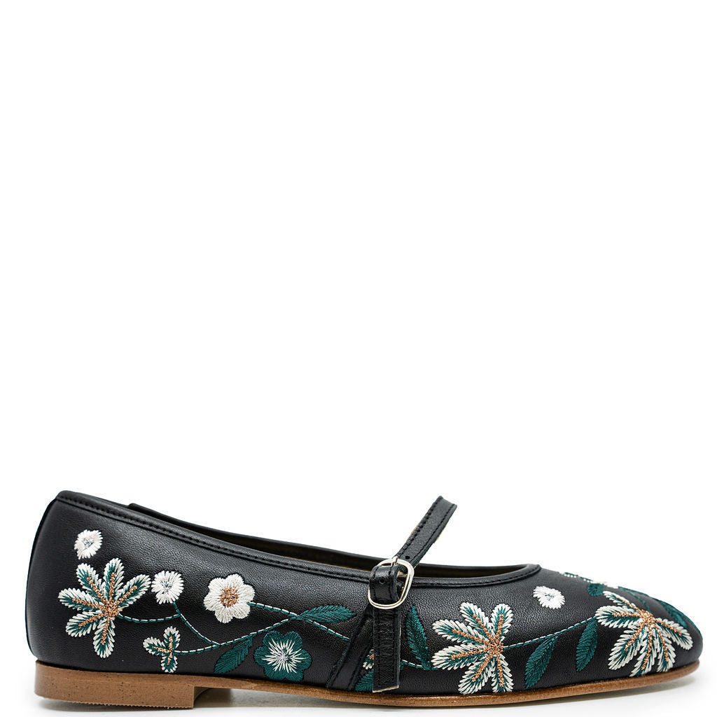 Spain+Co Black Floral Embroidered Strap Flat Sandals - Women's Boho Chic Summer Shoes for Beach, Vacation & Casual Outings