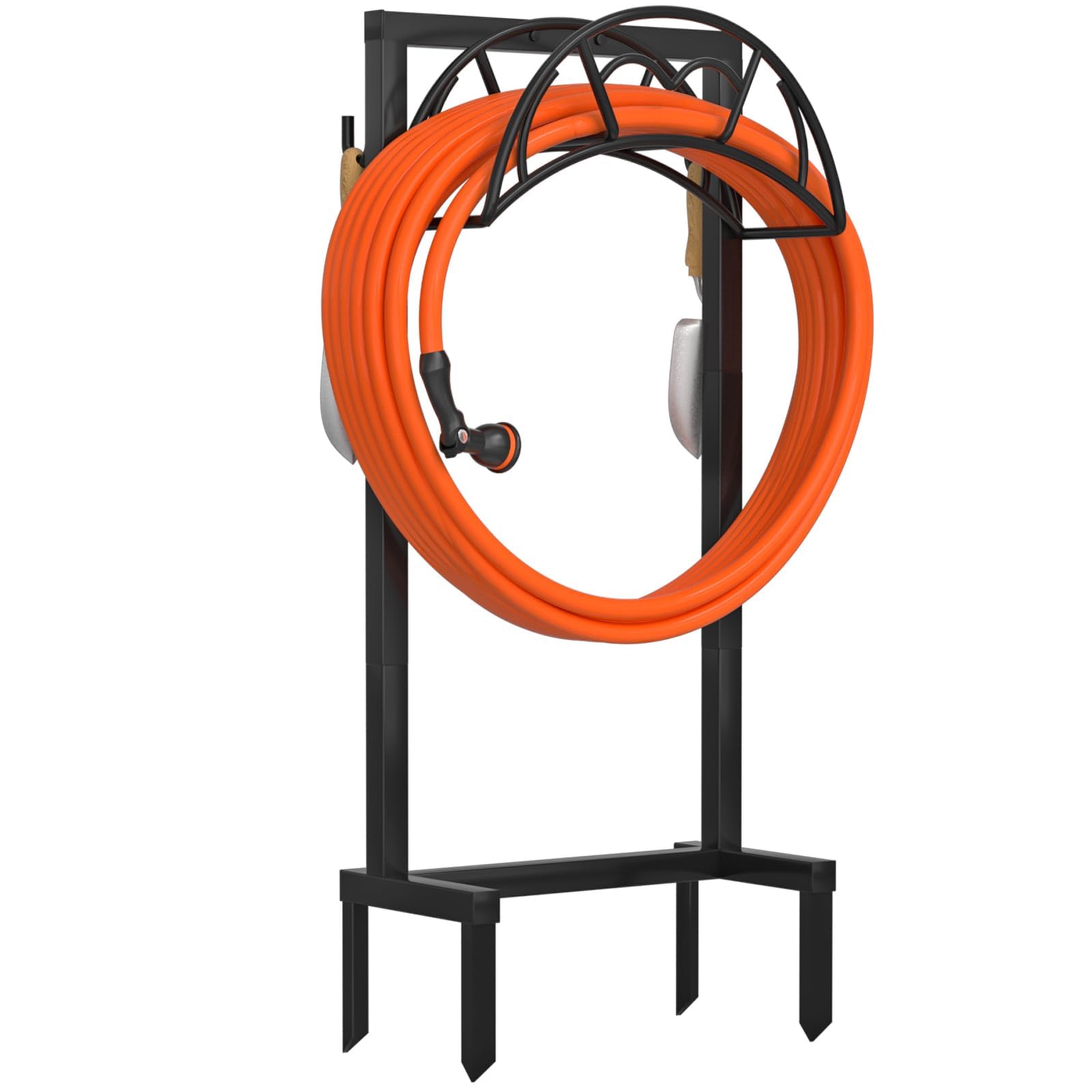 Heavy Duty Freestanding Garden Hose Holder - Upgraded Metal Hose Stand with 4 Spikes, Detachable Outdoor Water Hose Storage Reel Rack (Black) - Perfect for Yard, Garden & Lawn Care Organization