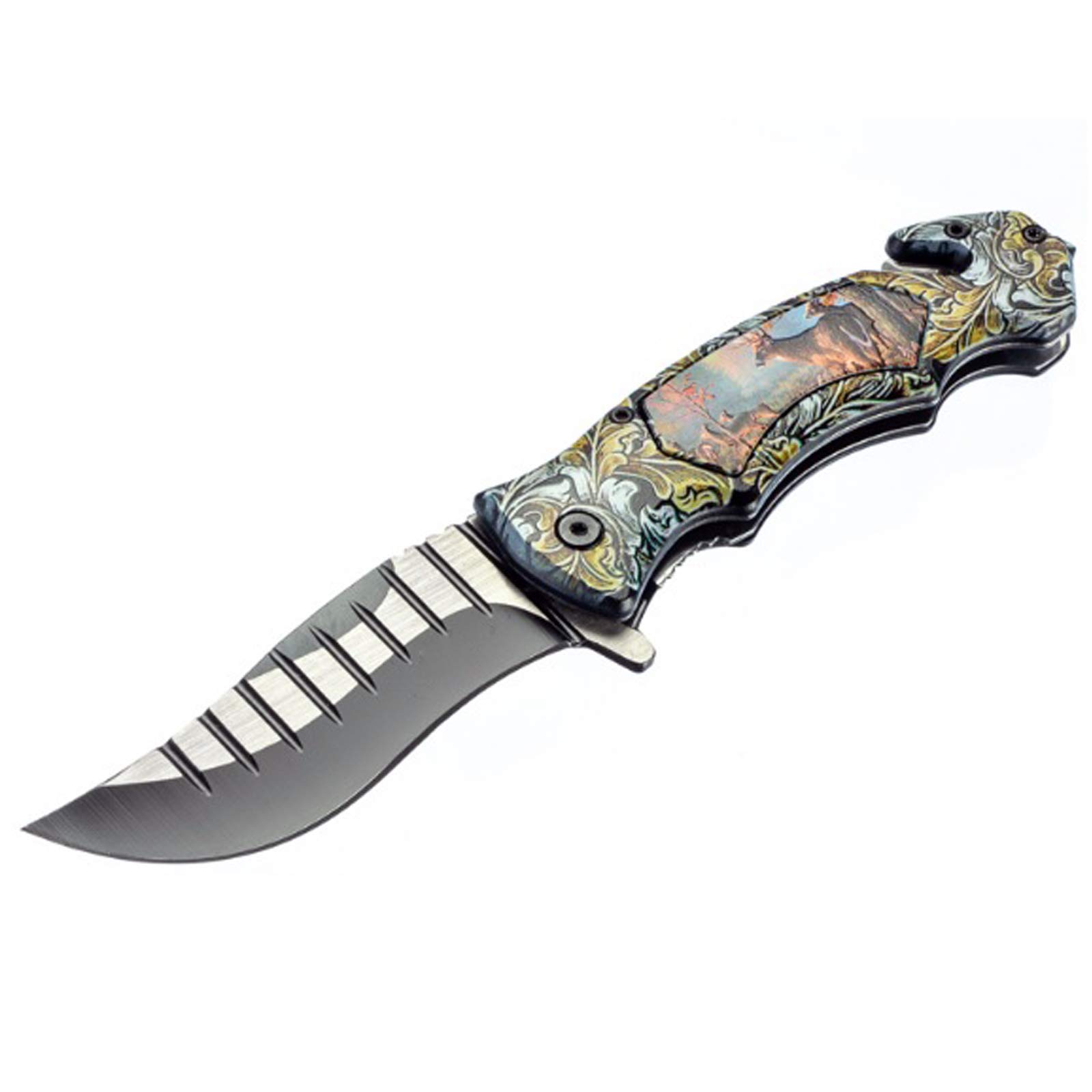 ASR Outdoor Clip Point Blade Pocket Knife - 5 Inch Folding Knife with Window Punch & Deer Design - Perfect for Camping, Hunting, and Survival Gear