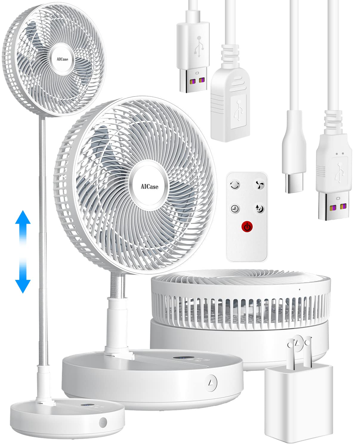 12 Inch AICase Portable Folding Stand Fan with 7200mAh Battery - Remote Control, 8 Speed Settings, Adjustable Height & Head - Super Quiet for Office, Home, Camping & Outdoor Use