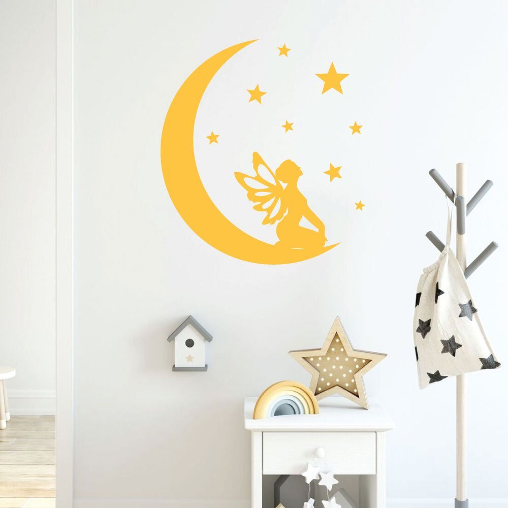 Fairy Wall Decal with Moon and Stars - Removable Vinyl Sticker for Nursery, Girls Bedroom, Teen Room Decor - Perfect for Fairy Themed Parties, Baby Showers & Kids Room Decorations