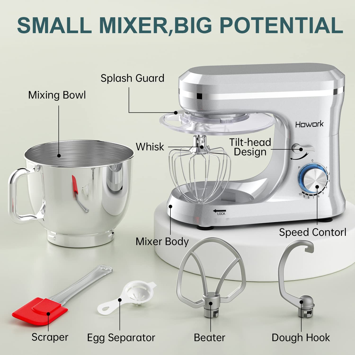 HOWORK 6.5QT Stand Mixer, 10+ Speed Electric Kitchen Mixer with Stainless Steel Bowl, Dough Hook, Wire Whip & Beater - Perfect for Baking, Whipping, Kneading Dough - Ideal for Home Bakers & Cooking Enthusiasts