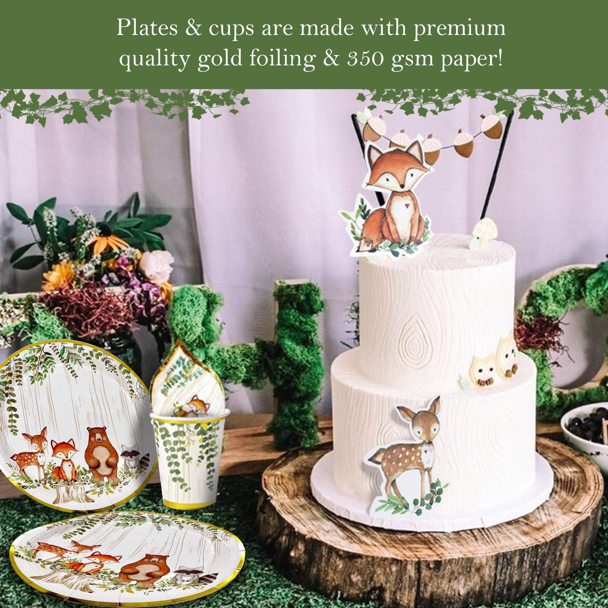 YARA Woodland Plates, Cups & Napkins Set for 24 Guests with Baby Shower Decorations - Perfect for Baby Showers, Birthday Parties & Themed Events