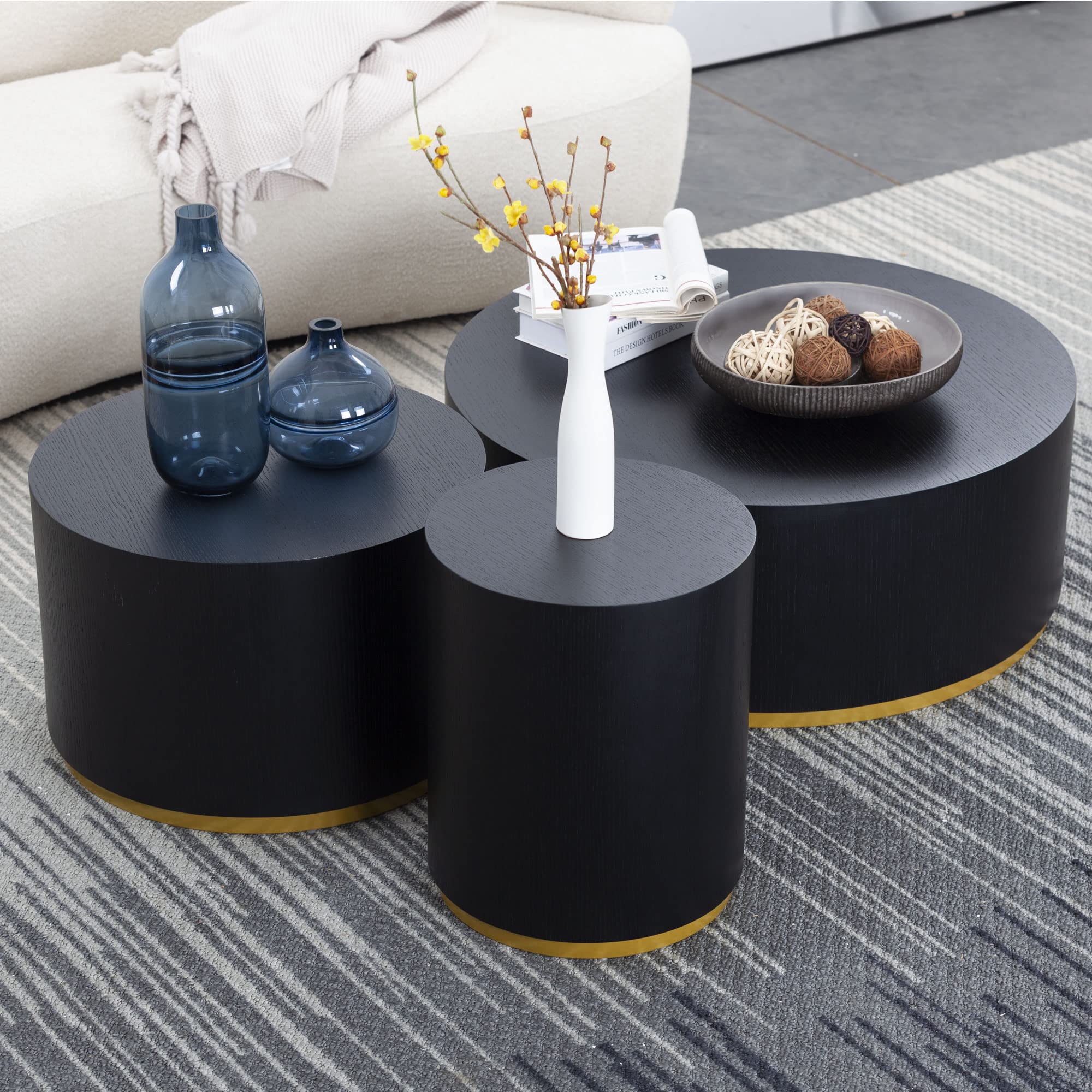 Kevinplus 3-Piece Black Drum Coffee Table Set - Round Wood Side & End Tables for Living Room, Apartment, Office - Modern Contemporary Furniture, No Assembly Required (Perfect for Small Spaces, Lounging & Entertaining)
