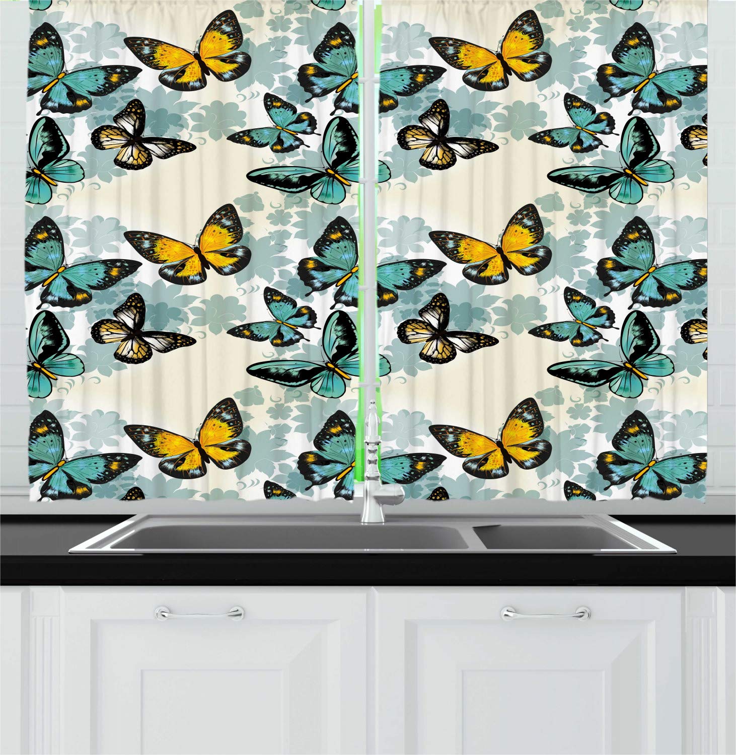 Ambesonne Butterfly Kitchen Curtains - Romantic Bicolor Insect & Floral Design Window Drapes, 2 Panel Set for Home Decor (55x39 Inch, Eggshell Multicolor) - Perfect for Kitchens, Cafes & Boho Style Rooms