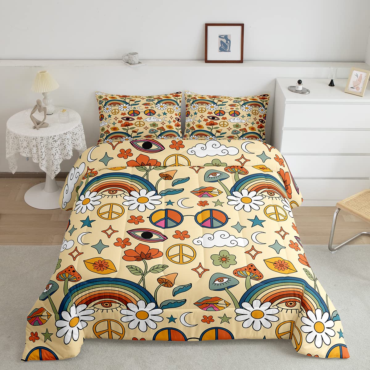 Retro 70s Hippie Style Twin Size Comforter Set with Psychedelic Mushroom Print - Rainbow Floral Stars Moon Design Soft Microfiber Bedding for Kids & Boys Bedroom (2-Piece Duvet/Quilt Set) - Perfect for Boho Themed Rooms, Teen Bedrooms & Dorm Decor