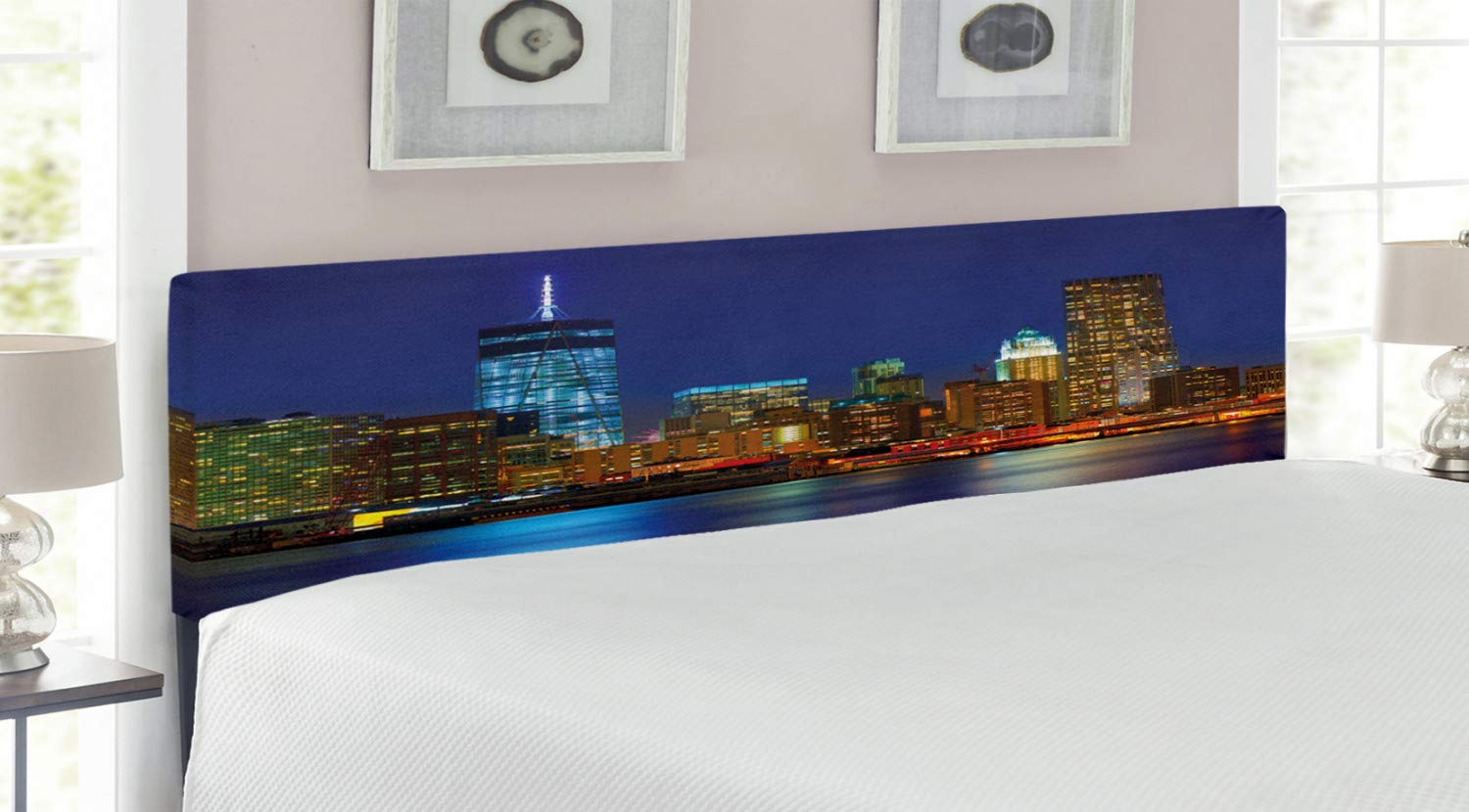 Ambesonne Urban Headboard - Manhattan Sunset Skyline New York Cityscape with Skyscrapers, Upholstered Decorative Metal Bed Headboard with Memory Foam, King Size, Multicolor - Perfect for Modern Bedroom Decor & Apartment Styling