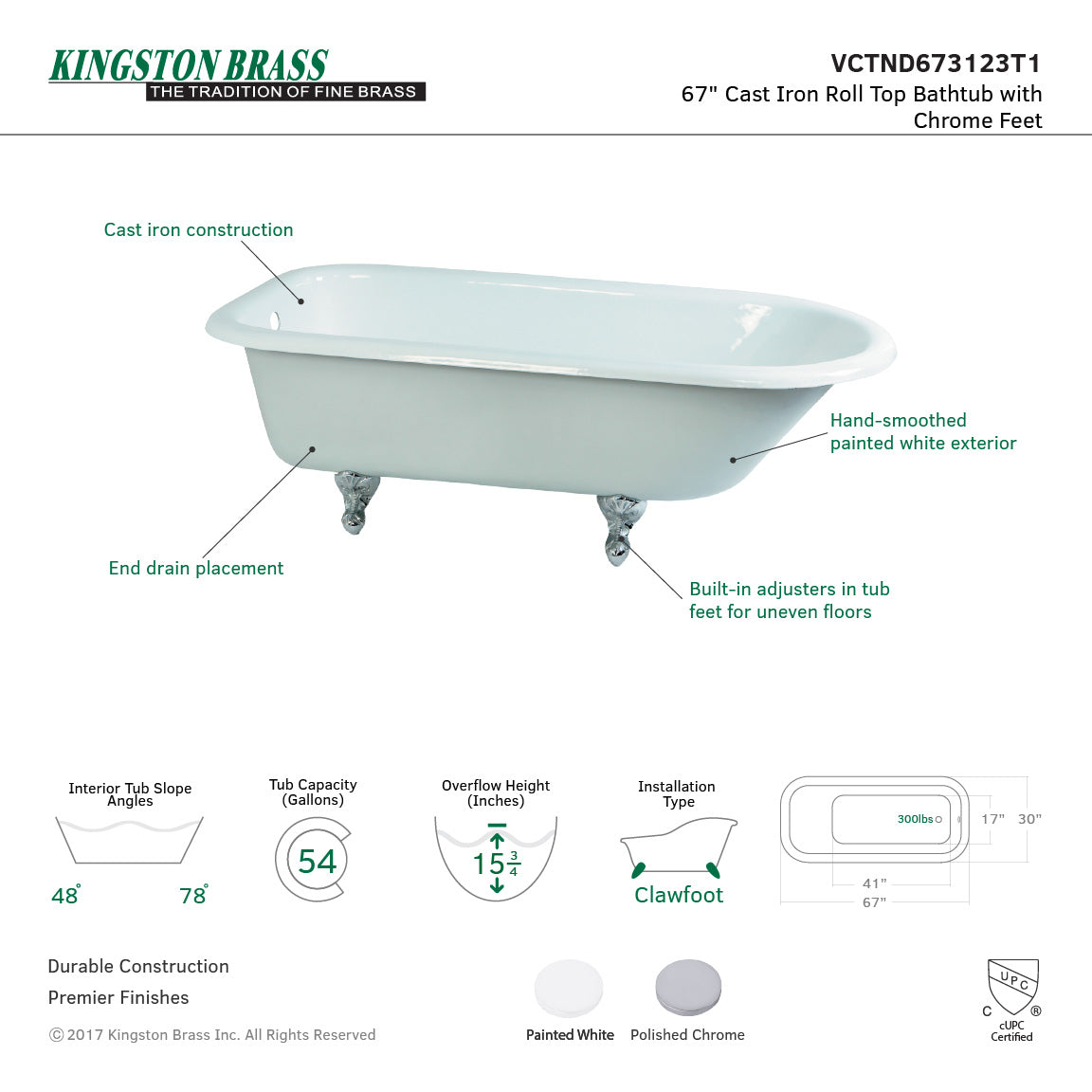 67 Inch White Cast Iron Clawfoot Bathtub with Roll Top - Oval Rectangular Freestanding Tub, No Faucet Drillings, Polished Chrome Finish | Vintage Bathroom Decor, Luxury Spa Retreat, Classic Home Upgrade