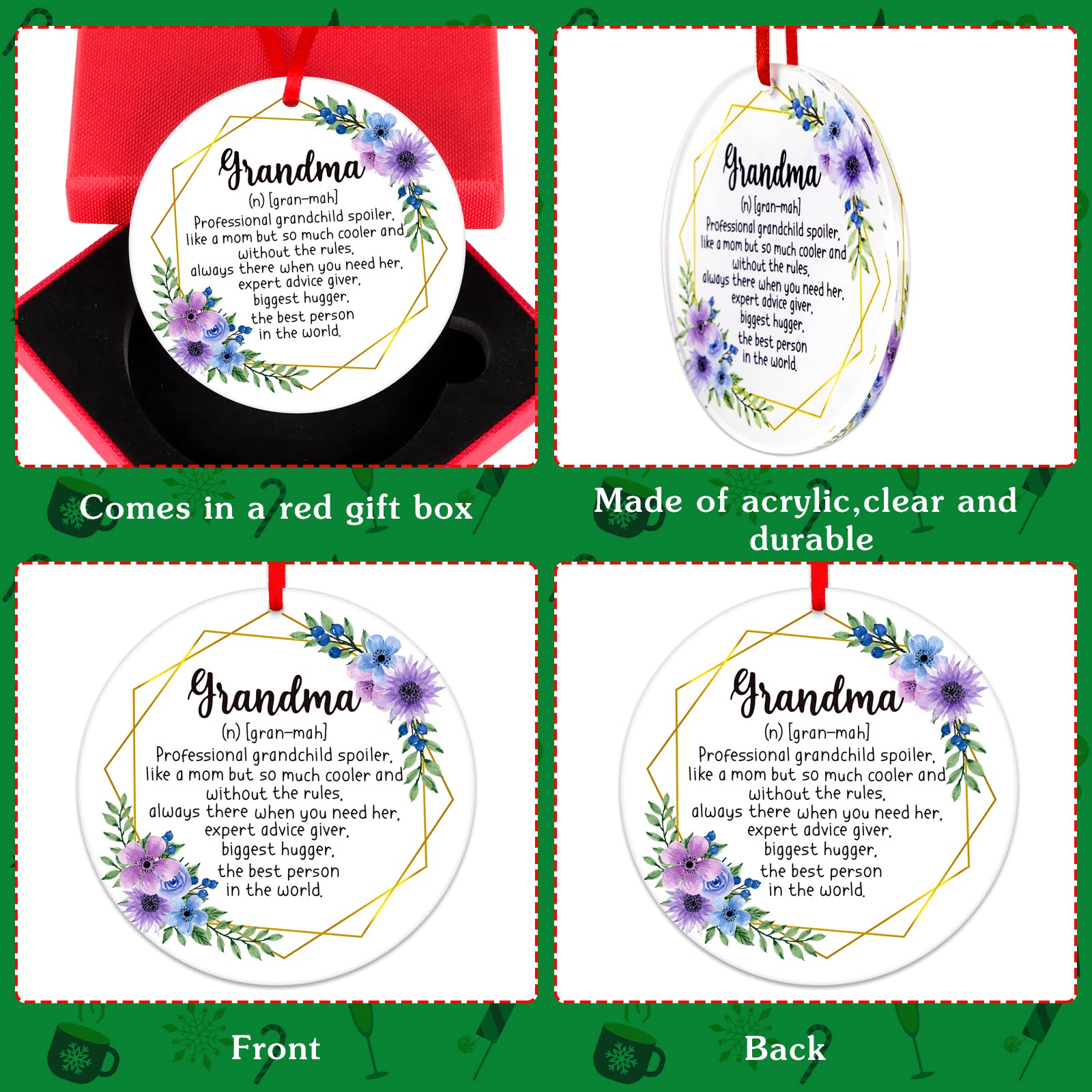 FaCraft Personalized Christmas Ornaments for Grandma - 2024 Birthday Gifts for Grandma from Grandson & Granddaughter | Heartwarming Tree Decorations for Christmas, Mother's Day & Family Gatherings