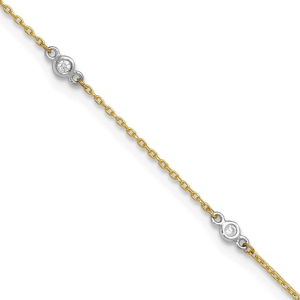 14K Yellow Gold Two-Tone Cubic Zirconia Anklet Bracelet - 9