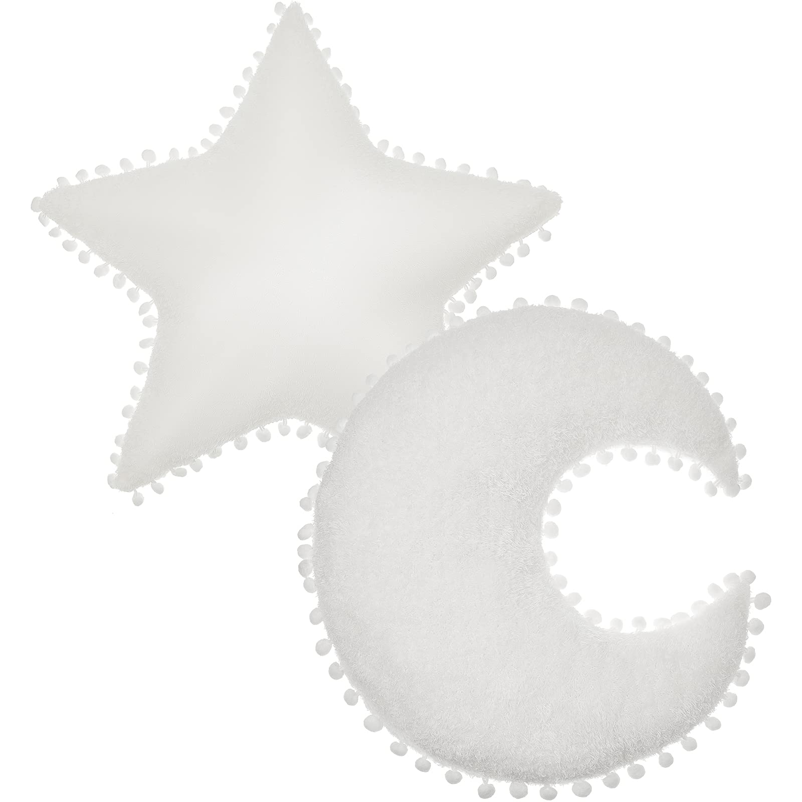 2-Piece Star and Moon Shaped Plush Pillow Set - Soft Decorative Nursery Pillows for Kids, Girls & Boys - Perfect for Bedroom Decor, Birthday Gifts and Baby Showers (White)