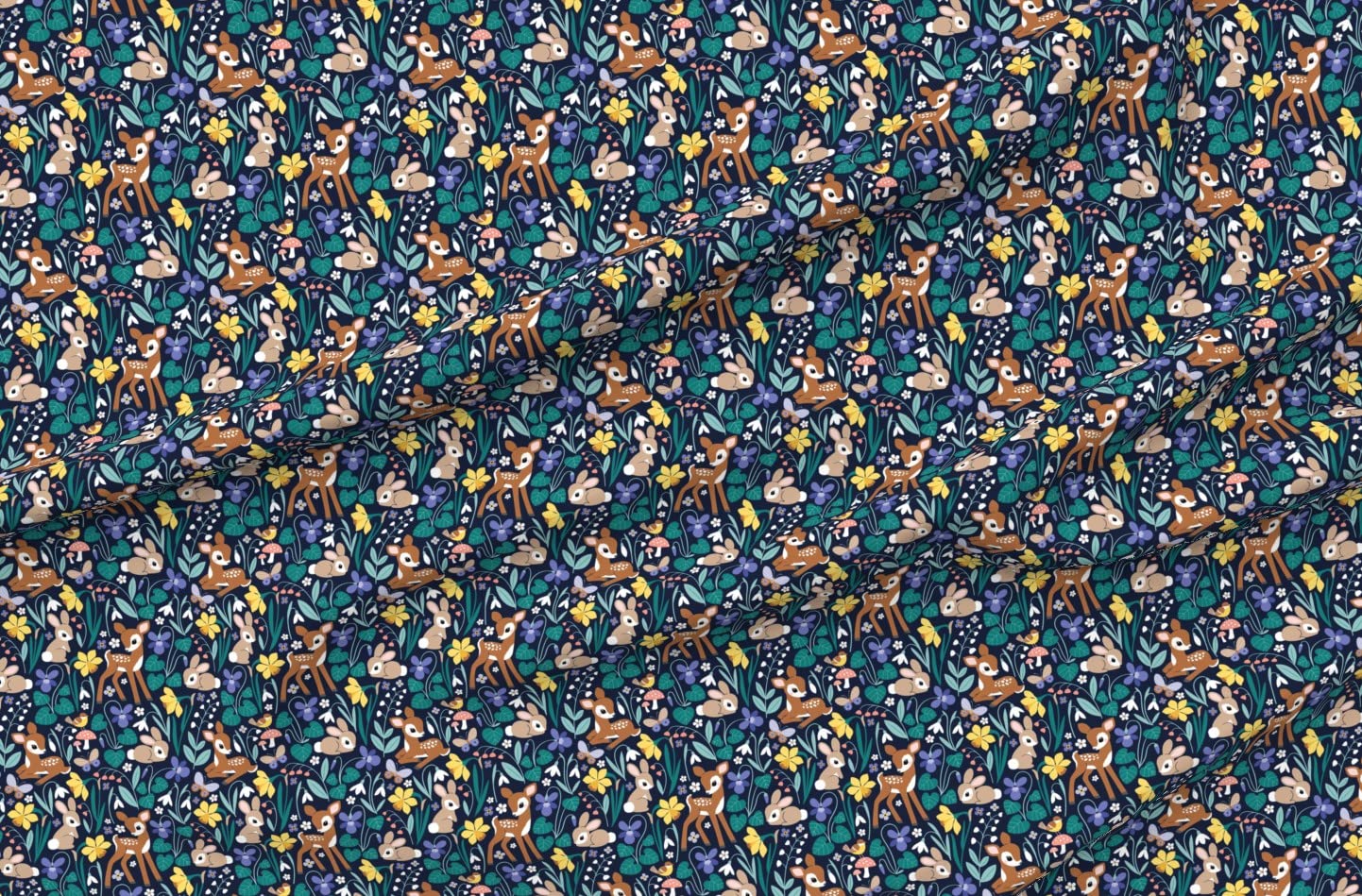Vintage Spring Dark Blue Small Floral Deer Print Denim Fabric by The Yard - Bottomweight Durable Cotton for Apparel, Home Decor & Upholstery - Perfect for DIY Dresses, Curtains & Throw Pillows