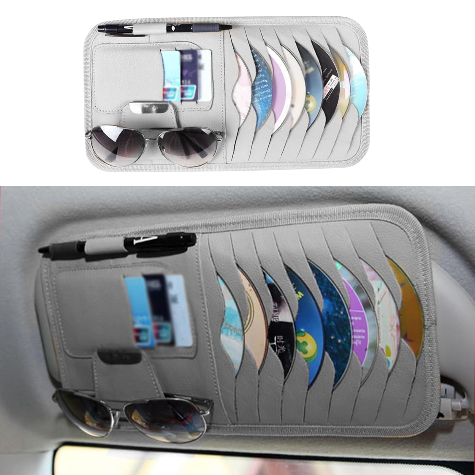 1 PC Universal Car Visor CD Holder - Large Capacity Soft Leather Vehicle Organizer Accessory, Waterproof Storage for Cards & CDs - Fits Trucks, SUVs & Cars (Gray) | Perfect for Road Trips & Daily Commutes