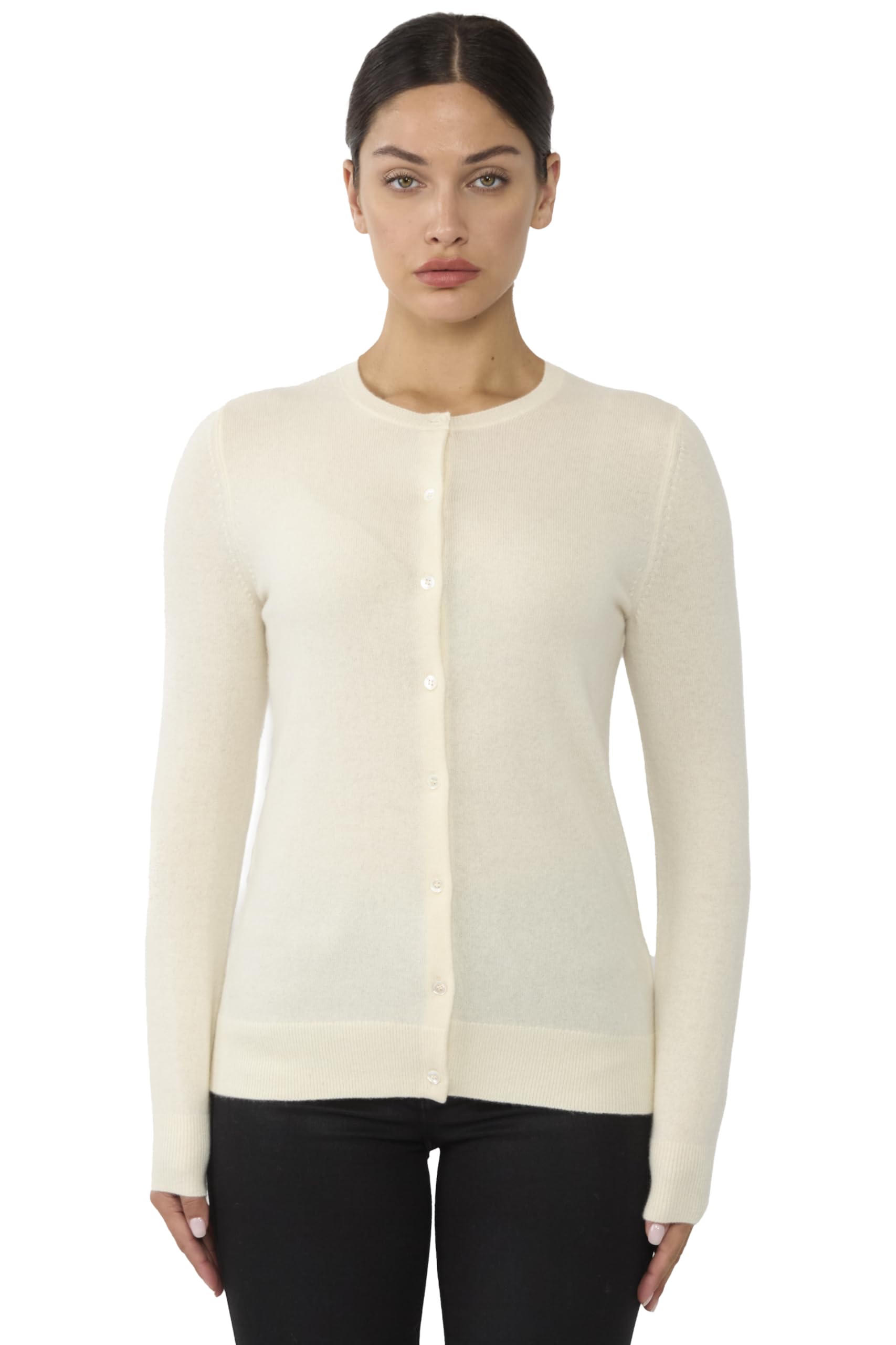 JENNIE LIU 100% Cashmere Women's Button Front Long Sleeve Cardigan Sweater | Soft Warm Crewneck Pullover | Perfect for Office, Date Night & Fall Layering