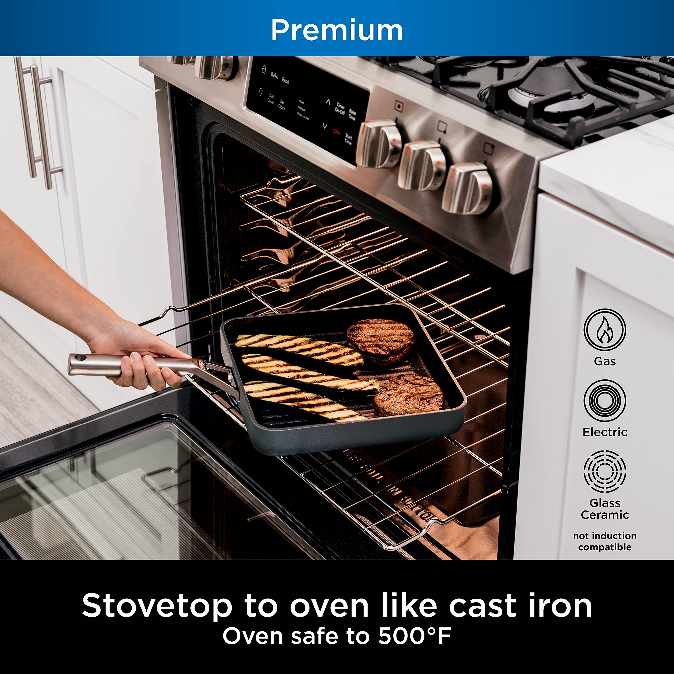 Ninja C30528 Foodi NeverStick Premium 11-Inch Square Grill Pan - Hard-Anodized, Nonstick Cookware, Oven Safe to 500°F, Durable Slate Grey - Perfect for Grilling Steaks, Burgers, and Vegetables Indoor or Outdoor Cooking