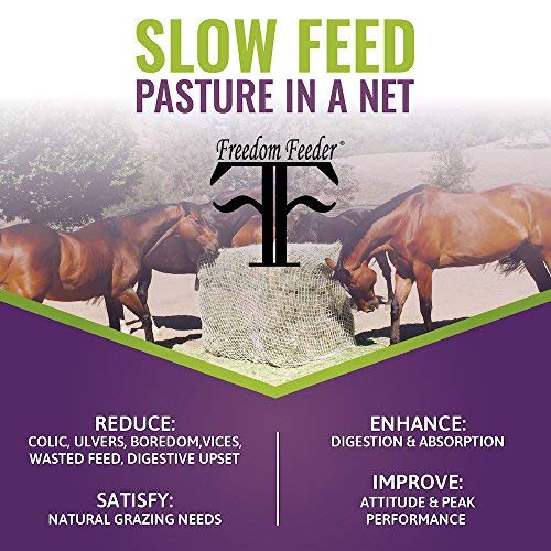 Freedom Feeder Mesh Net Slow Horse Feeder - Holds 50 lbs/6 Flakes/2 String Bale Hay for 2 Days - Reduces Horse Anxiety & Behavioral Issues - Perfect for Pasture, Stable & Travel Feeding