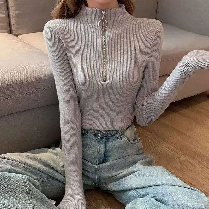 Vintage Solid Knitted Long Sleeve Zip-Up Half Turtleneck Sweater for Women - Cozy Winter Pullover for Casual Outfits & Office Wear