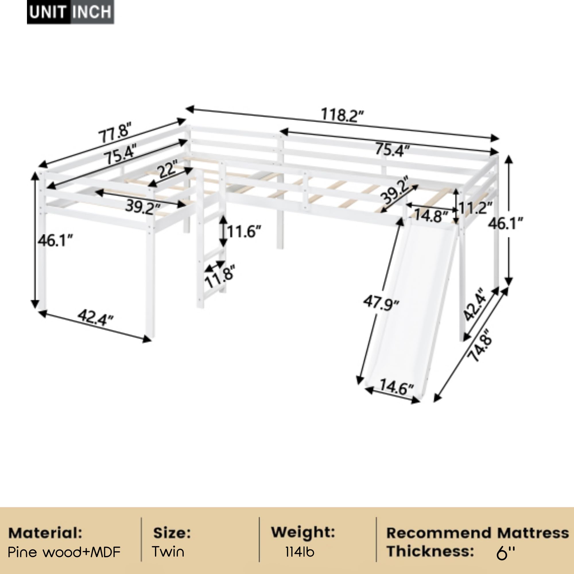 Harper & Bright Designs L-Shape Loft Beds with Slide & Ladder - Twin Size Wooden Bunk Bed Frame for 2 Kids - Space Saving Corner Loft Bed for Girls, Boys & Teens - No Box Spring Needed - Gray & White - Perfect for Small Bedrooms, Kids' Rooms & Shared Spaces