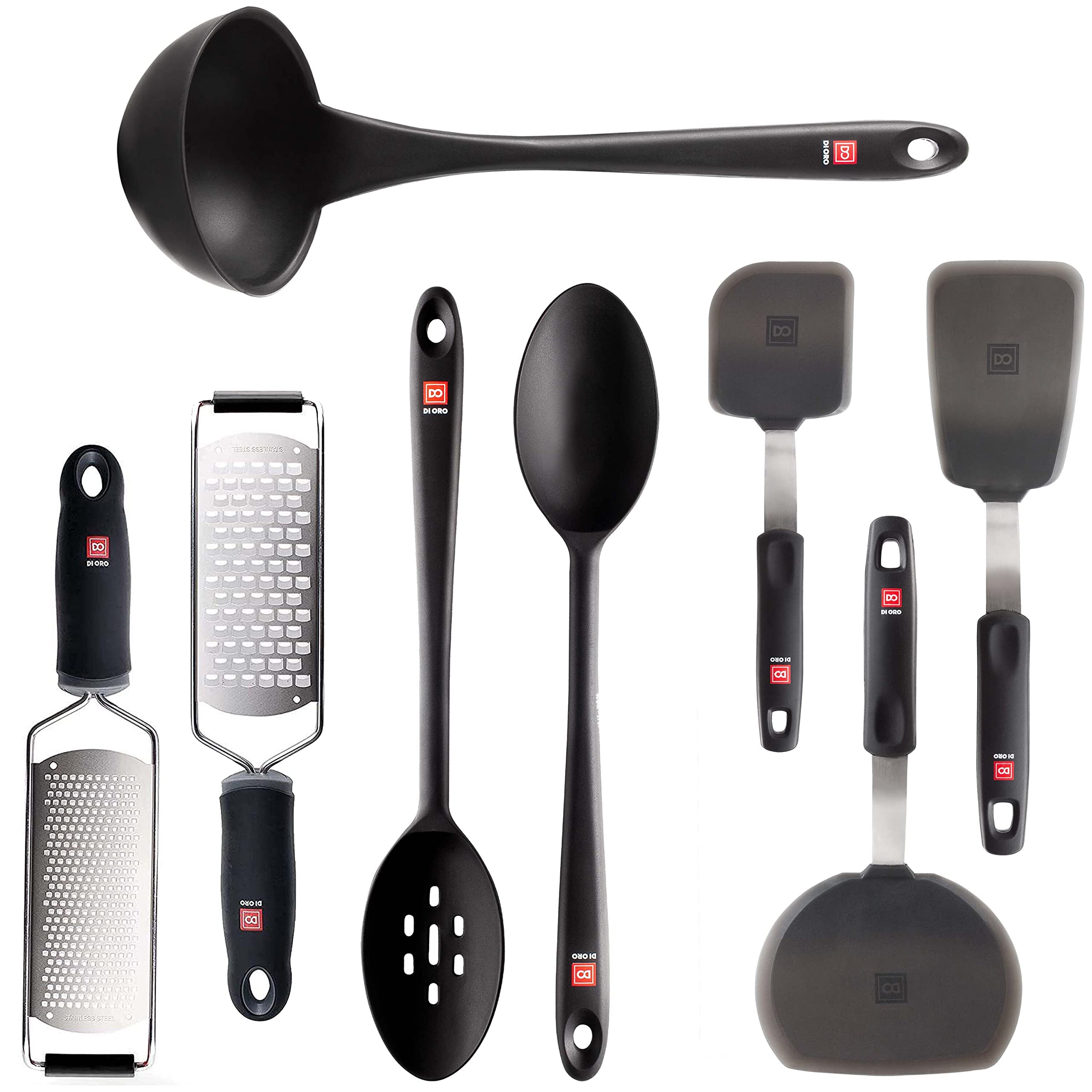 DI ORO 8-Piece Kitchen Utensil Set - 600°F Heat-Resistant Silicone Cooking Tools with Turner Spatula, Spoon, Ladle, Fine Zester & Cheese Grater - Dishwasher Safe Baking Utensils for Home Chefs (Black) - Perfect for Sauteing, Flipping Pancakes, Grating Cheese & Serving Dishes