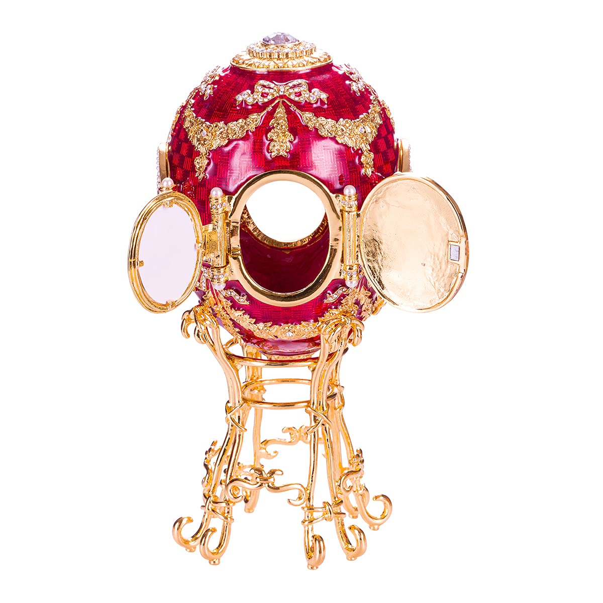 Danila-Souvenirs Faberge Style Caucasus Egg Jewelry Box with Photo Frames - 7.2 Inch (18 cm) Red Handmade Trinket Box - Perfect for Gift Giving, Home Decor & Jewelry Storage