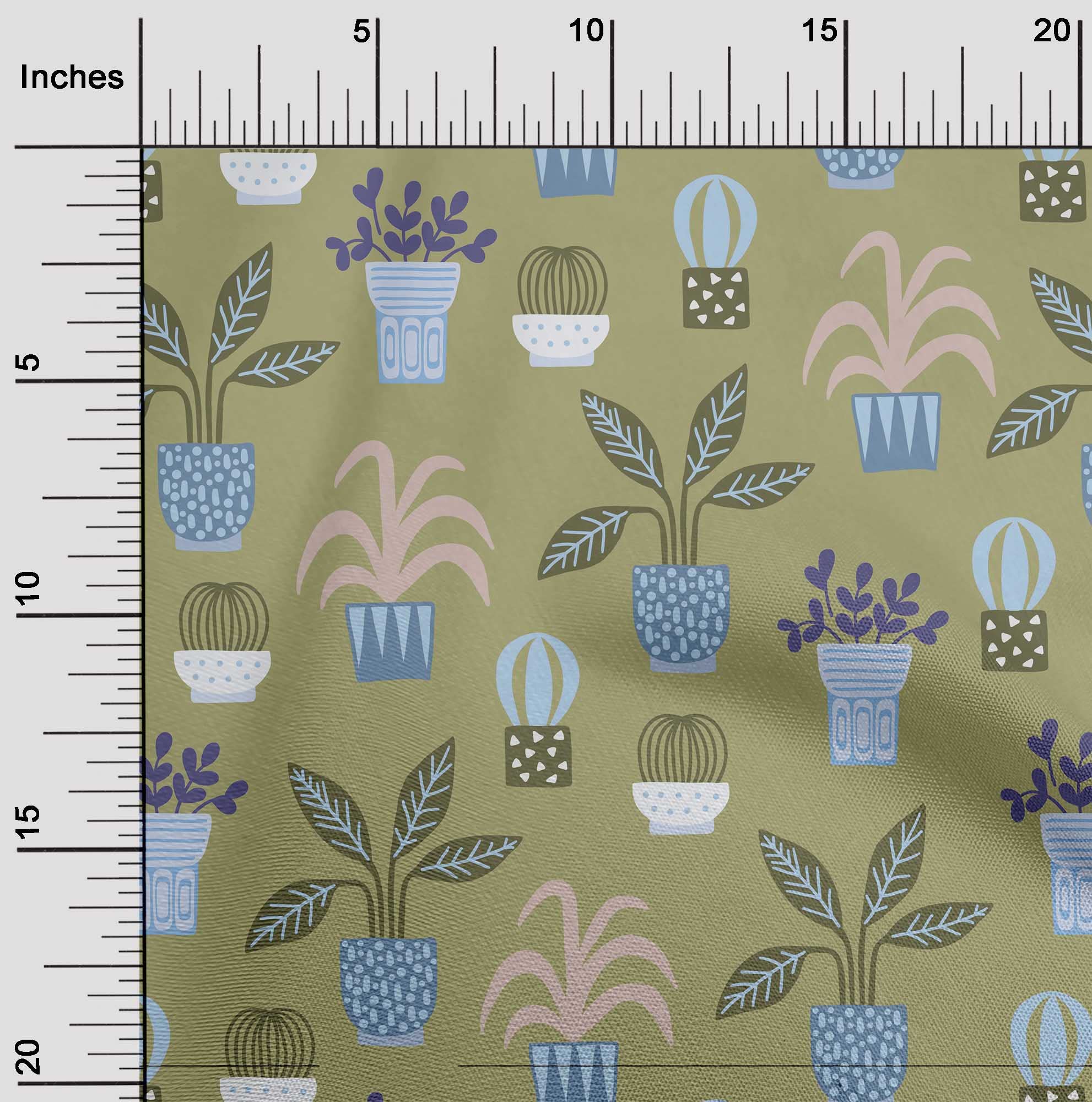 Premium Cotton Poplin Twill Fabric - Olive Green Floral Pots Print - 56