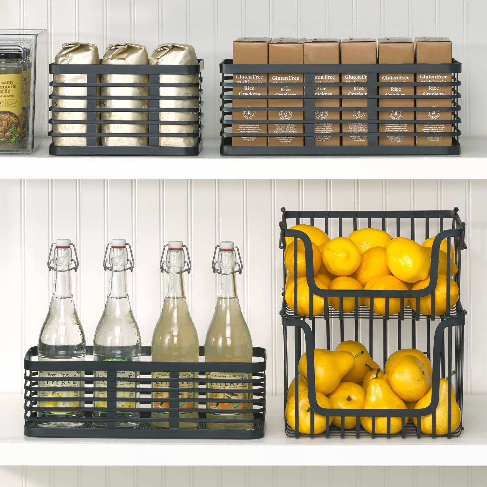 mDesign Large Stacking Wire Baskets - 2 Pack Matte Black Metal Storage Bins for Kitchen Cabinet & Pantry Organization | Perfect for Fruits, Vegetables, Snacks | Space-Saving Open Front Design | Carson Collection | Ideal for Home, Office, Dorm Room Storage Solutions