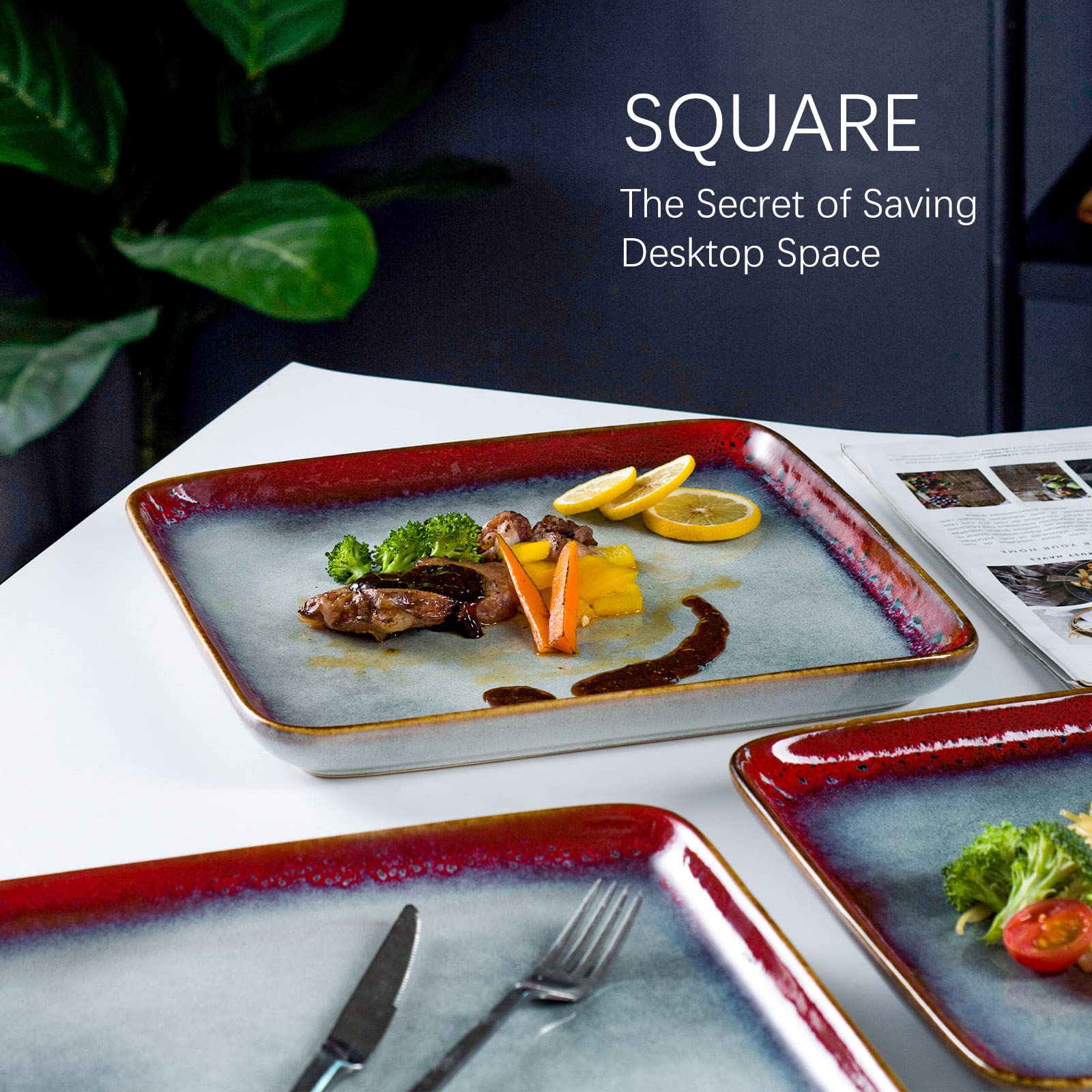 HENXFEN 16-Piece Square Ceramic Dinnerware Set for 4 - Stoneware Plates, Bowls & Mugs - Microwave, Oven & Dishwasher Safe - Scratch Resistant - Perfect for Family Dinners, Parties & Restaurant Use