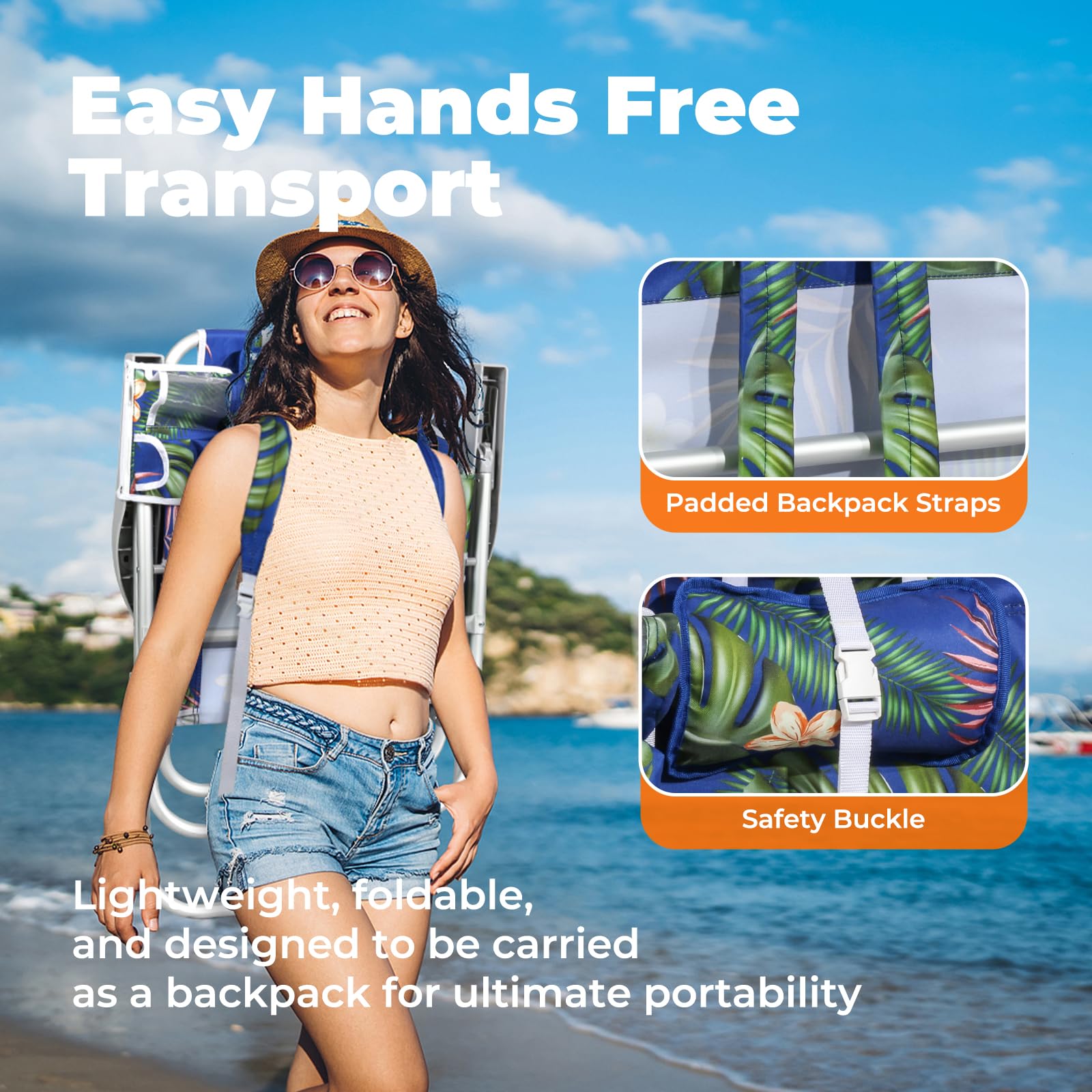 Best Tall Beach Chairs for Adults - 5-Position Reclining Backpack Chair with Large Insulated Cooler & Storage Pocket, Durable Aluminum Frame, Portable Folding Design for Travel, Camping & Outdoor Activities, Supports 300lbs - Tropical Palm Print for Beach, Poolside & Backyard Relaxation