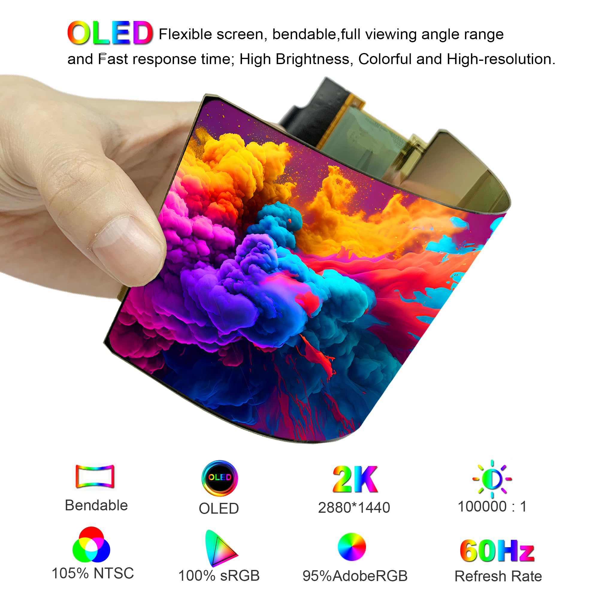6 Inch Flexible OLED Screen - 2K 2880x1440 Resolution, HDMI Driver Board, Bendable Display - Compatible with Windows/Mac/Linux/Android - Perfect for DIY Projects, Portable Displays & Digital Signage
