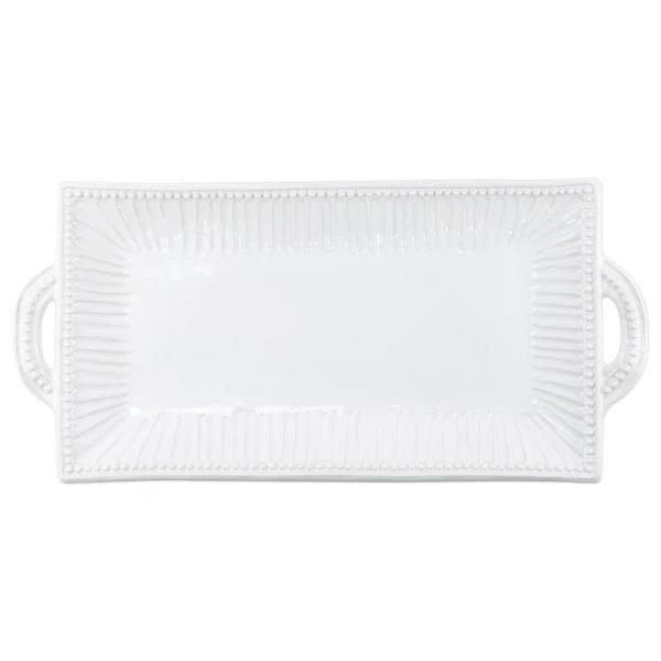 Incanto Stone White Stripe Rectangular Serving Platter with Handles - Elegant Appetizer Tray for Dinner Parties, Cheese Boards & Holiday Entertaining