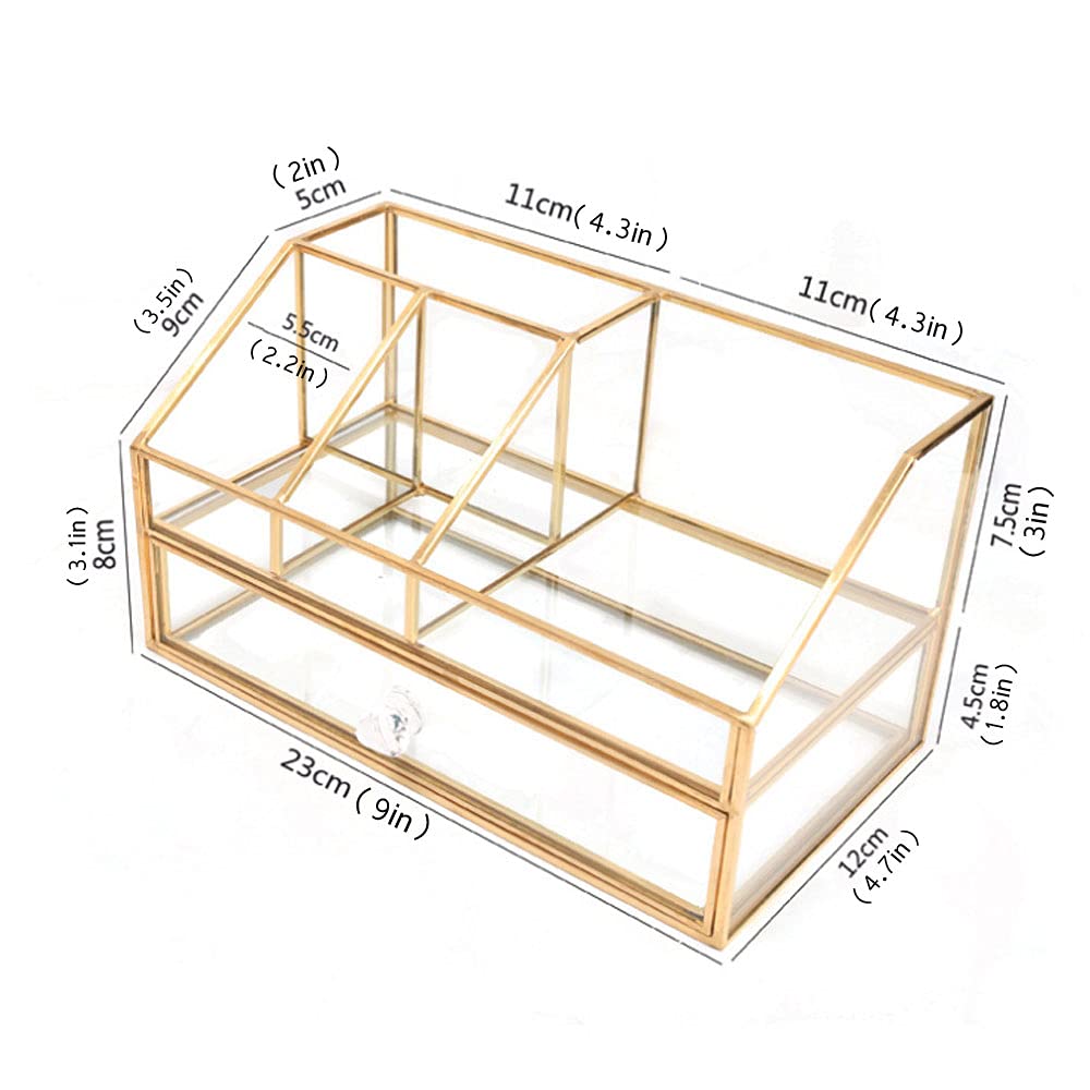 YUEHUA Clear Glass Makeup Organizer with Gold Trim - Brush, Jewelry, Nail Polish & Lipstick Holder for Vanity, Bathroom or Office | Stylish Cosmetic Storage & Display Case for Beauty Essentials