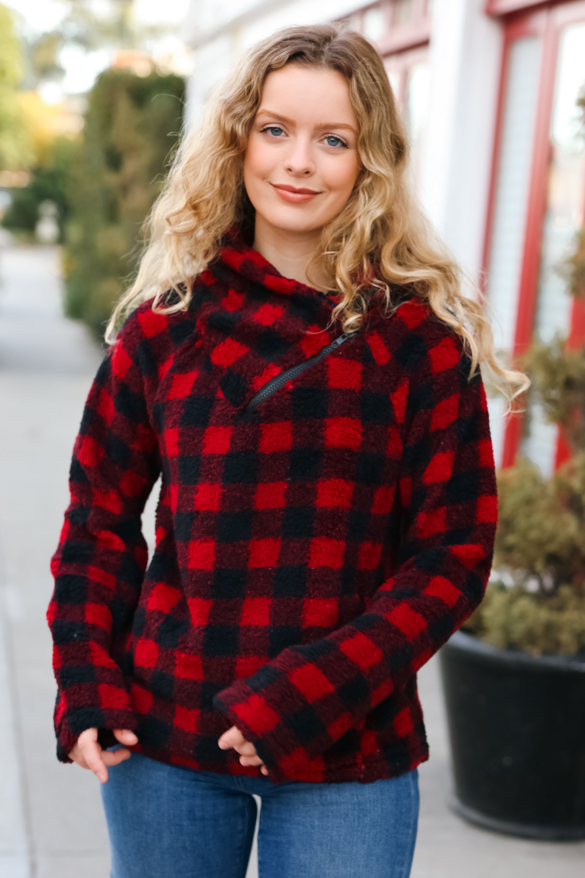 Cozy Red Sherpa Plaid Asymmetrical Zip Sweater Top for Women - Winter Fashion Layering Piece for Casual Outfits & Outdoor Activities