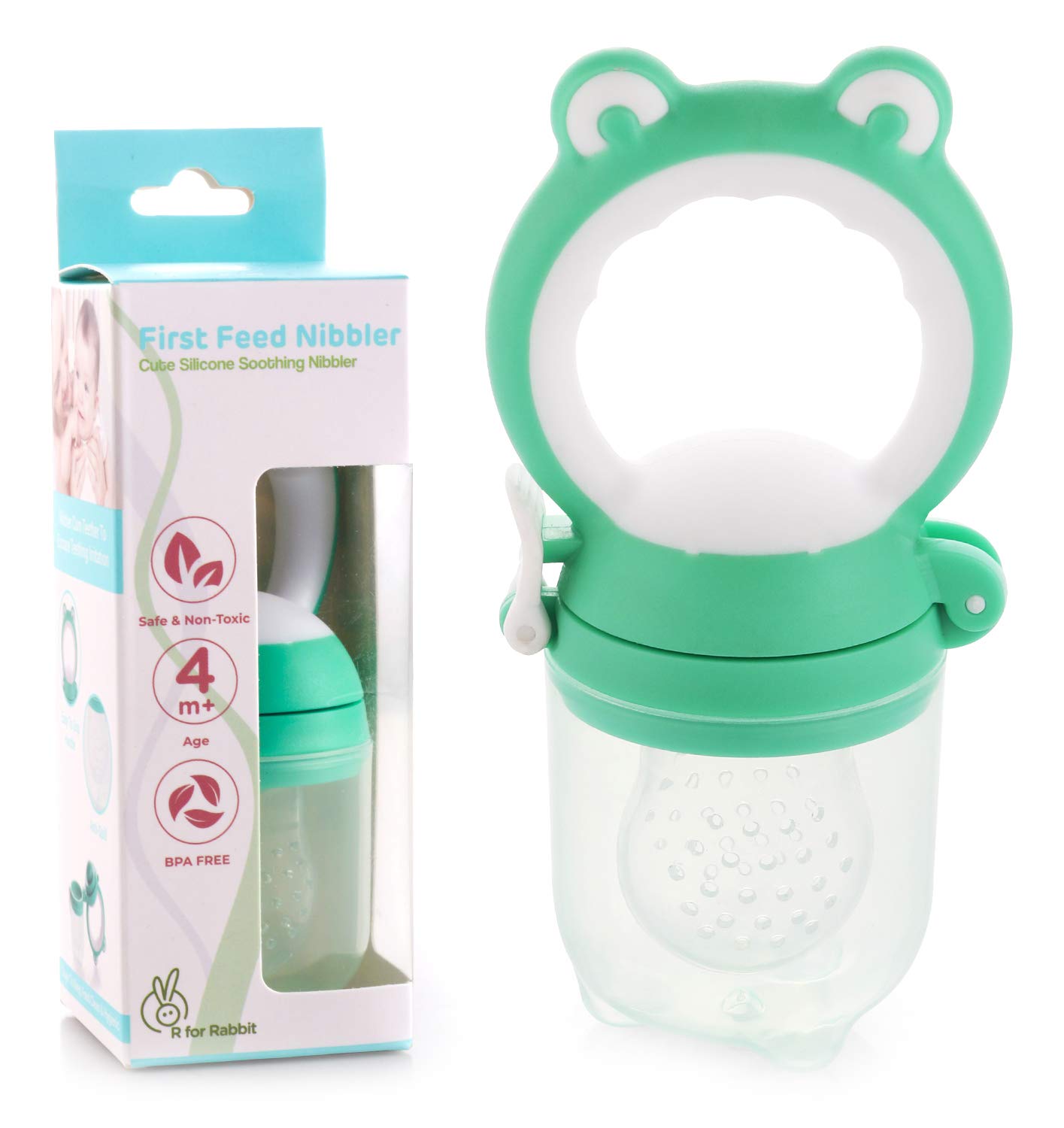 R for Rabbit First Feed Premium Soft Silicone Baby Chewing Soothing Nibbler | BPA-Free Hygienic Teether for Infants 4+ Months | Fruit & Veggie Feeder Pacifier (Green) | Perfect for Soothing Teething Pain & Introducing Solid Foods Safely