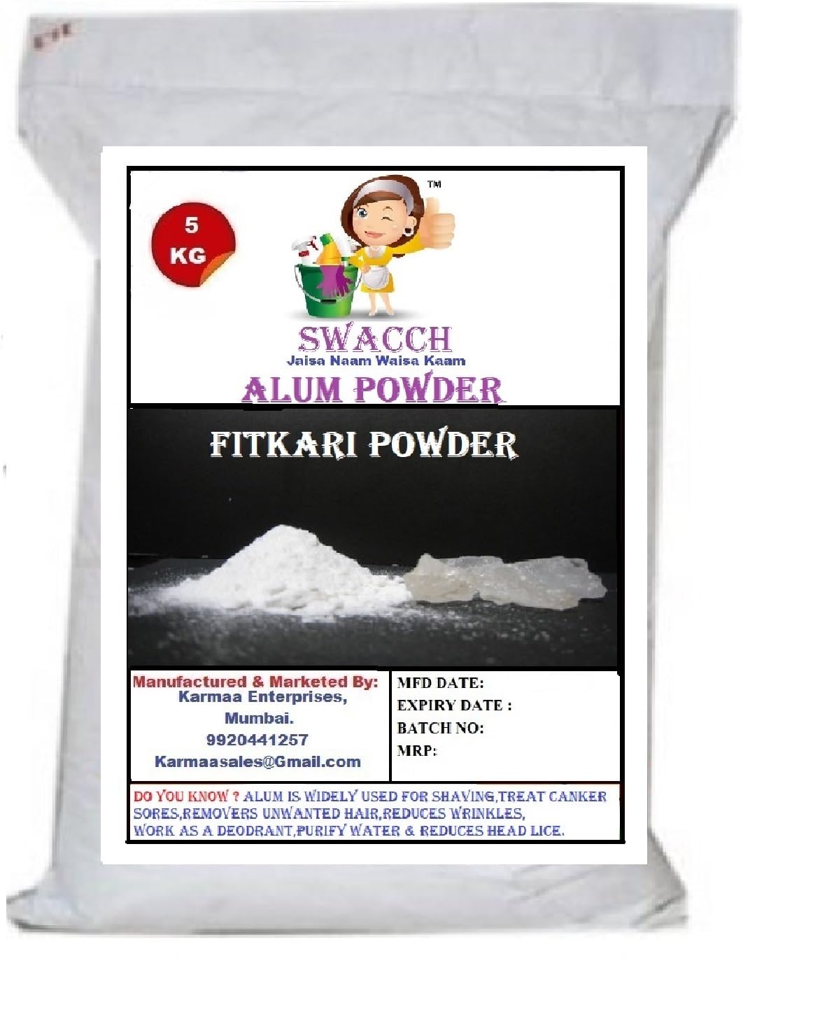 Alum Powder (Fitkari Powder) 5 KG Bulk - Natural Astringent for Skin Care, Water Purification & Pickling | Multipurpose Household & Industrial Use