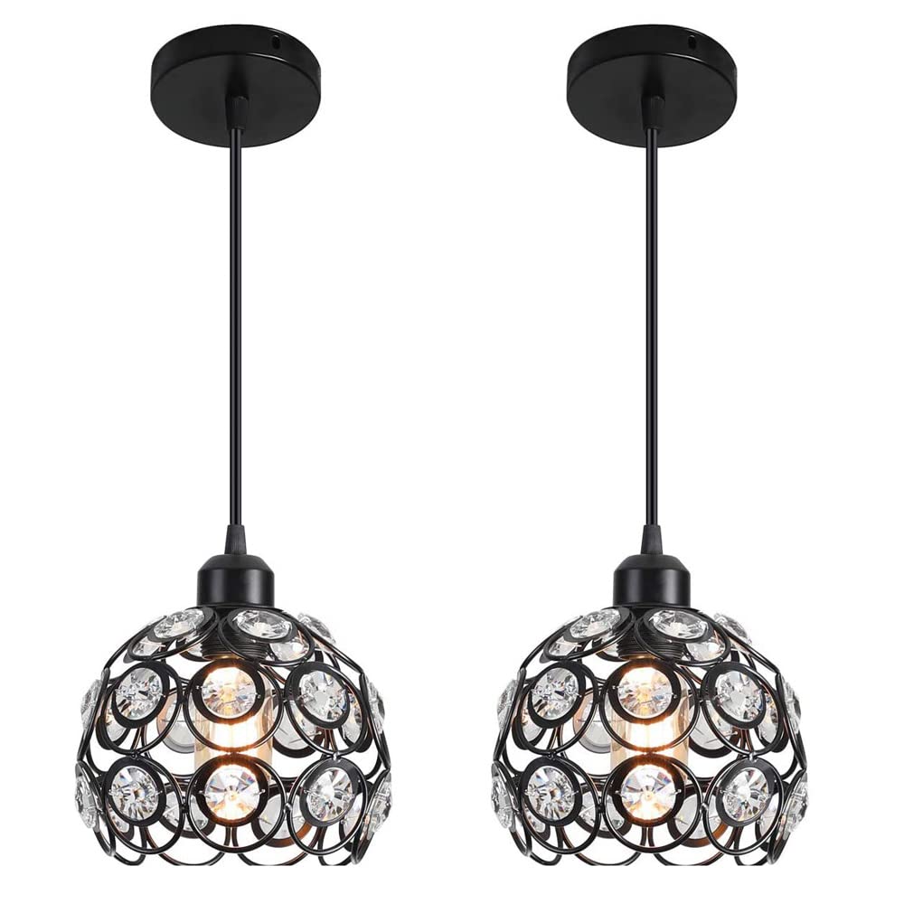 Nordic Style Crystal Pendant Light - Modern Black Iron Hanging Lamp with Adjustable Chain for Restaurant, Cafe & Home Decor (2 Pack) | Perfect for Dining Room, Kitchen Island & Commercial Spaces