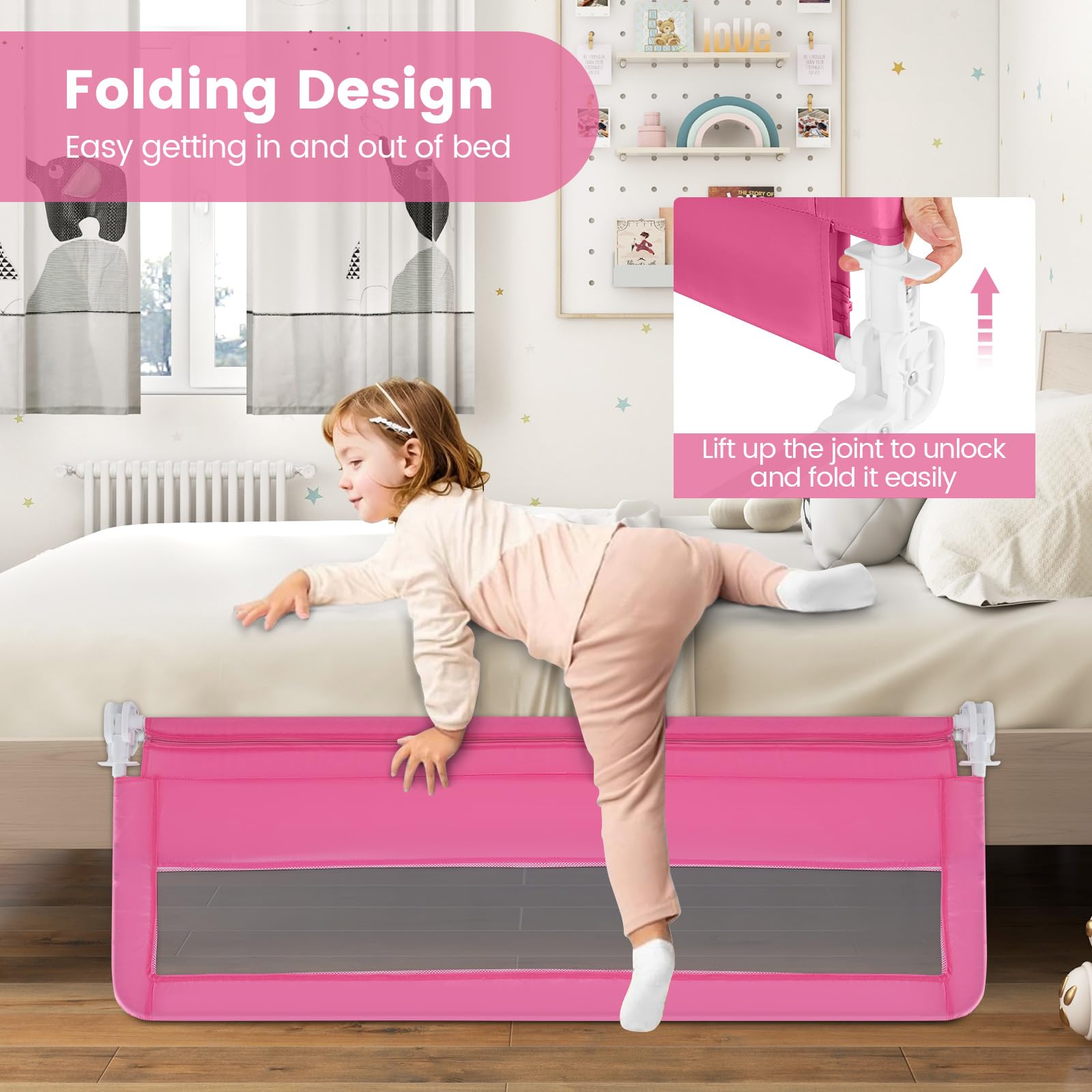 **HONEY JOY 59-inch Extra Long Toddler Bed Rail – Portable Safety Guardrail with Double Child Lock, Foldable Baby Bed Rail for King, Queen, Full & Twin Mattresses (Pink, 2 Pack) – Perfect for Travel, Daycare & Home Safety**