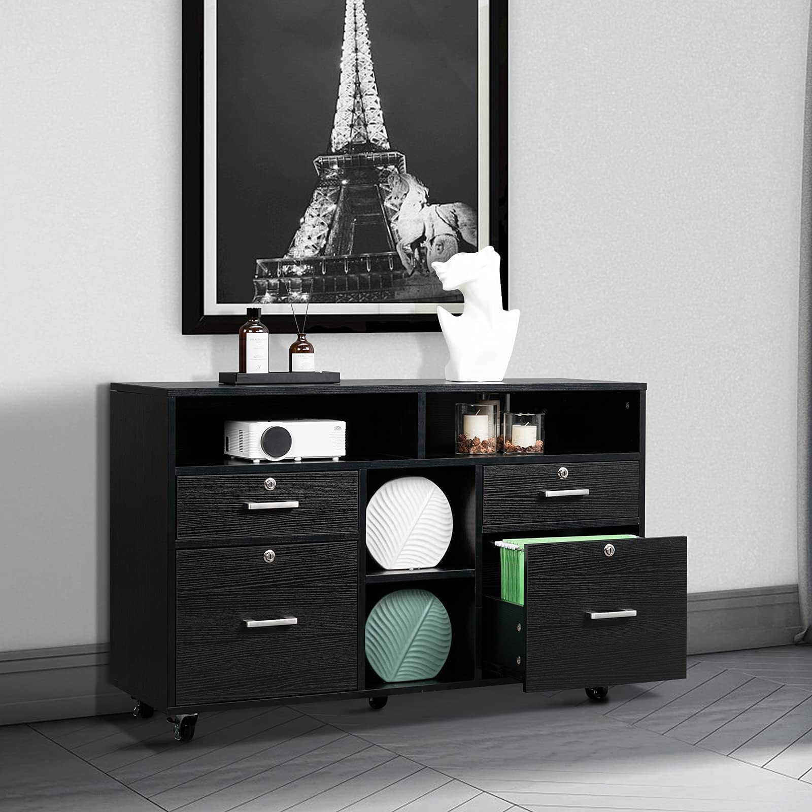 VINGLI 4-Drawer Wooden Mobile File Cabinet with Shelves - Locking Lateral Office Organizer, Printer Stand with Open Storage for Home & Office - Black | Perfect for Document Storage, Workspace Organization & Home Office Furniture