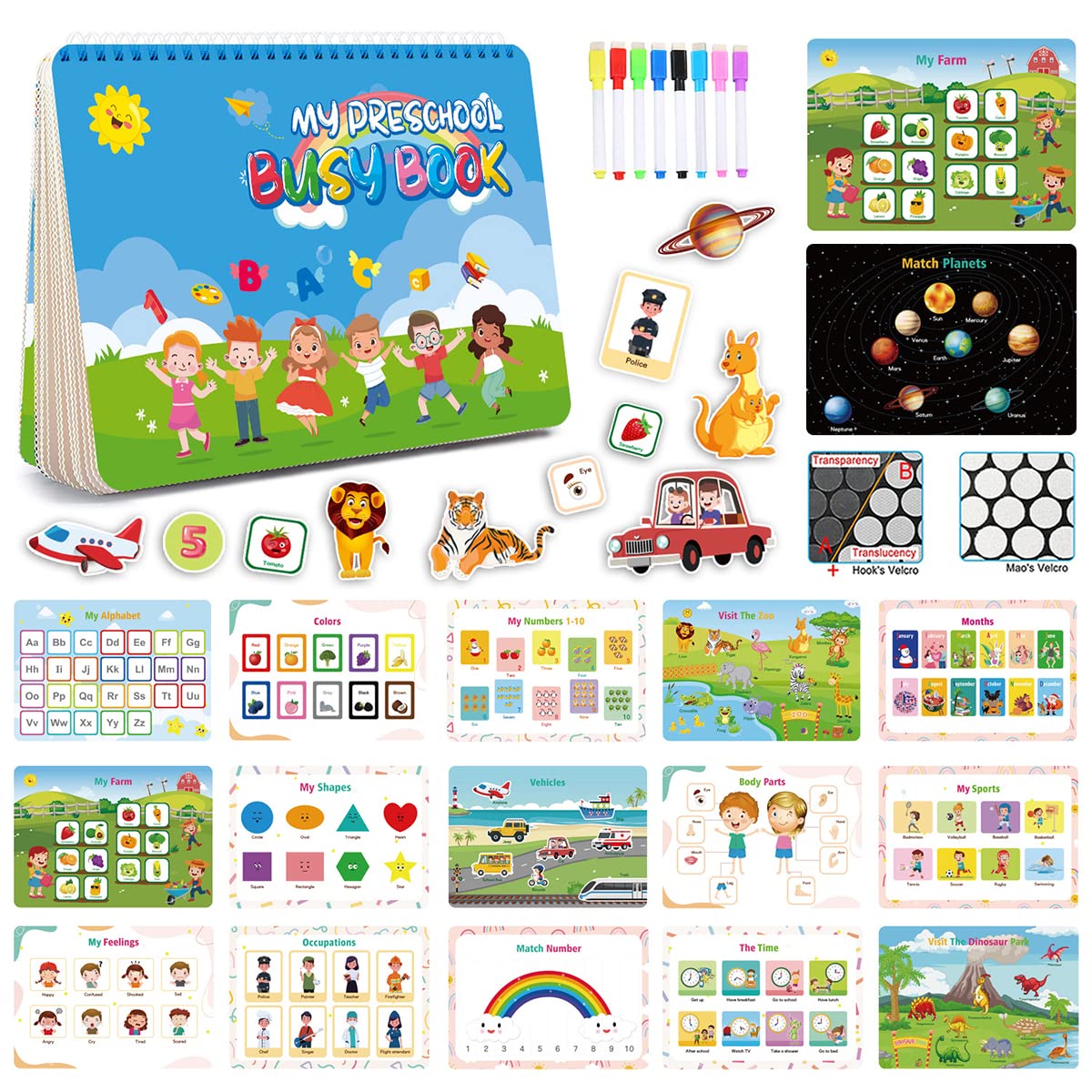 D-KINGCHY Busy Book for Toddlers - 16 Pages Preschool Learning Activity Binder with Sensory Toys for Autism, Fine Motor Skills Development for Boys & Girls | Perfect for Travel, Classroom & Home Educational Play