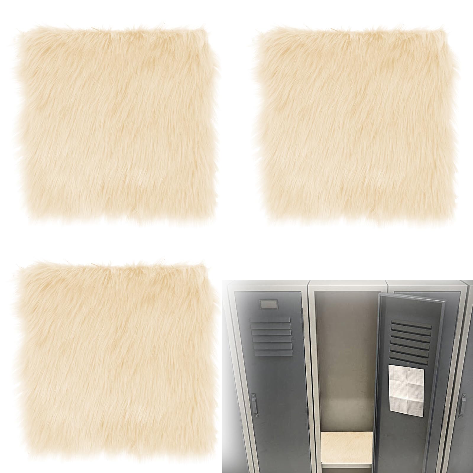 3-Pack 12x12 Inch Square Plush Locker Rugs - Soft Fluffy Non-Slip Mini Carpets for School Lockers, Dorm Decor, Jewelry Display & Nail Art Photography Backdrop (Beige) - Perfect for Teens, Students & DIY Projects