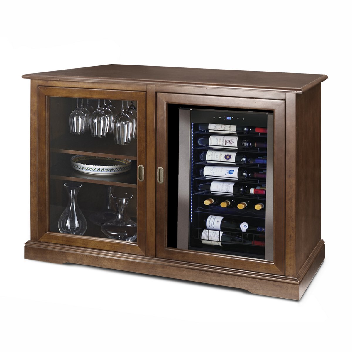 Siena Mezzo Walnut Wine Credenza with Built-in Wine Refrigerator - Stylish Wine Storage Cabinet for Dining Room, Bar or Home Cellar